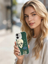 PhoneCasing Forest Green Texture blue rose skeleton iPhone 16 Case, classic American traditional tattoo print, stain resistant glossy long-lasting iPhone 16 casing