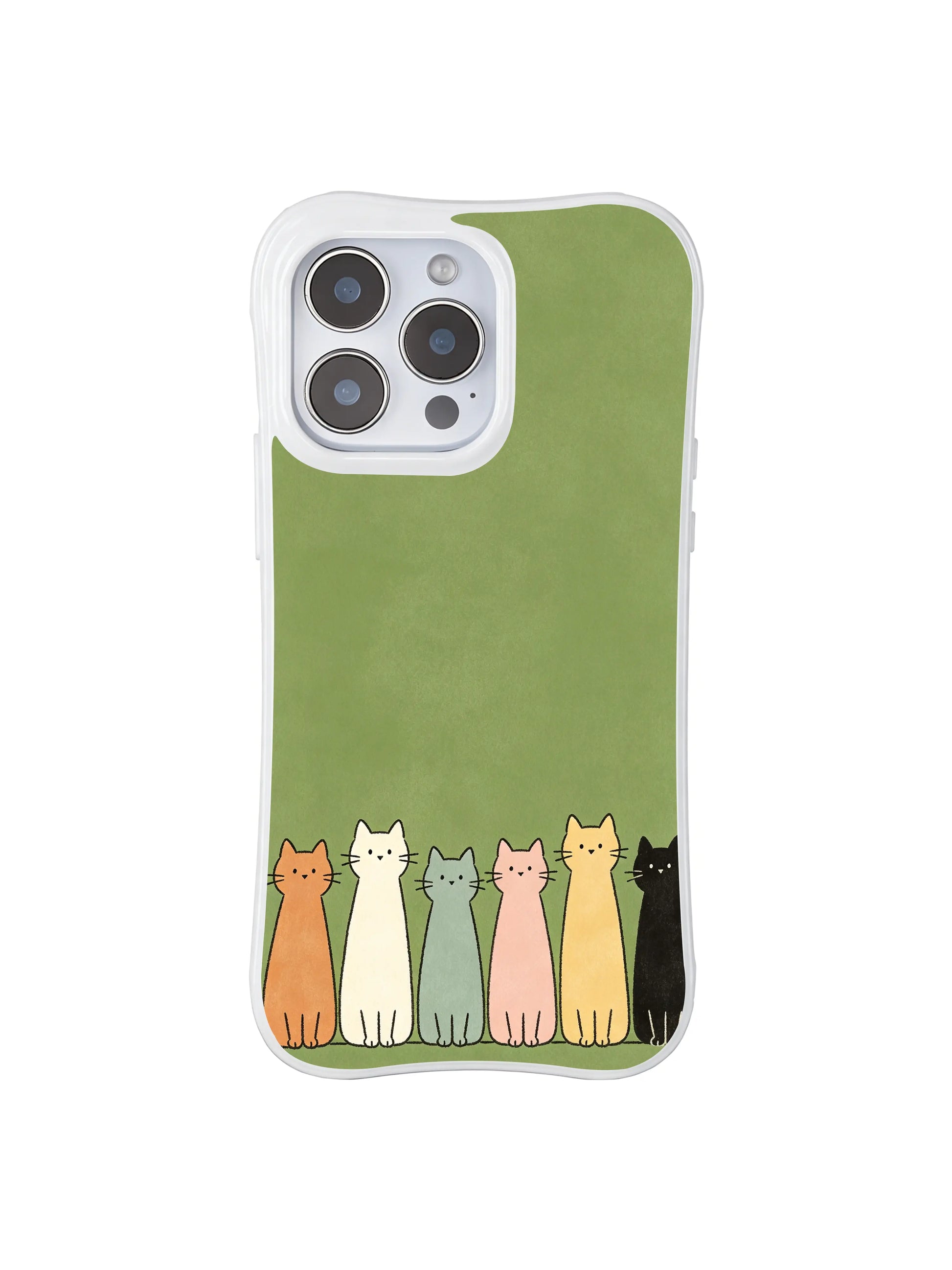 PhoneCasing iPhone 16 Pro Max with Forest Guardian Kittens print, charming cats with unique expressions against a serene green base.