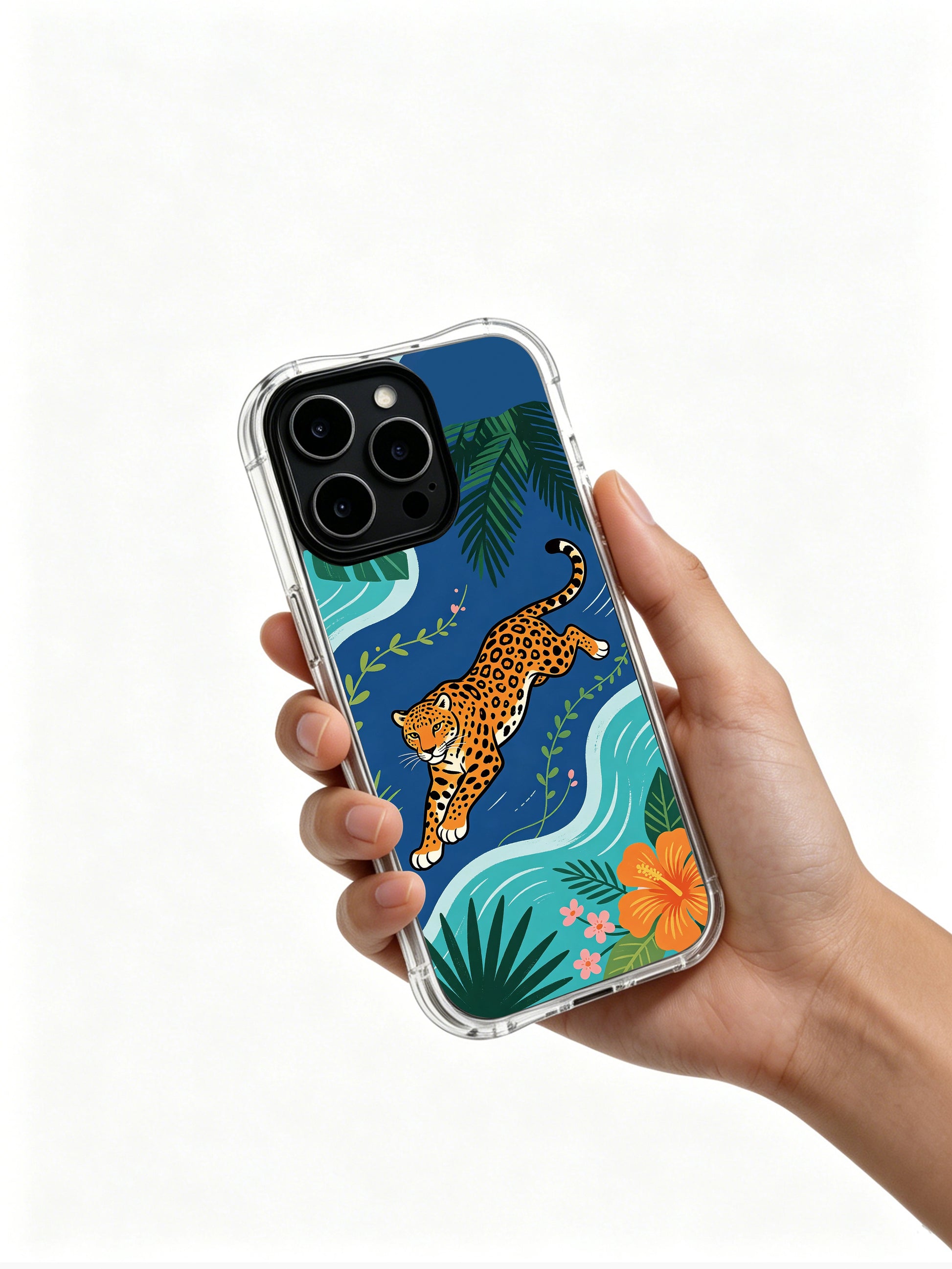 Handcrafted artist-designed iPhone 13 pro Case by PhoneCasing, dynamic forward-leap orange jaguar surrounded by seaside palm & monstera leaves durable phone cover, multi-shade tropical blossom luxury wearable art casing