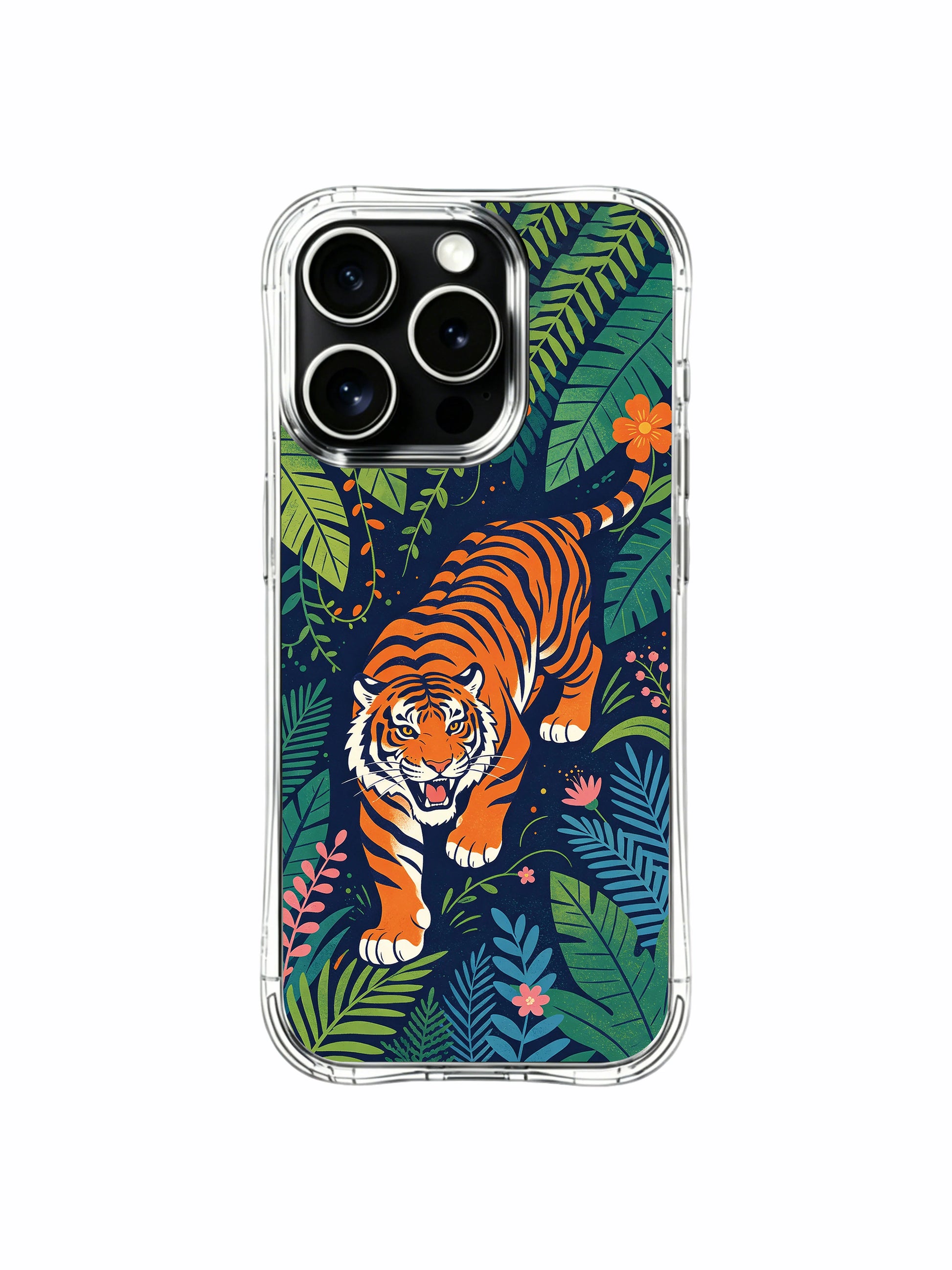 Forward leaping orange tiger night forest garden iPhone 13 pro Case from PhoneCasing, limited-run Elias Nocturne artwork casing, tropical foliage decorated designer phone cover