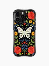 PhoneCasing iPhone 16 pro max Case featuring four sugar skull butterflies with red and yellow flower details, framed by red roses, blue vines and small hearts, balanced folk art design for iPhone 16 pro max casing.