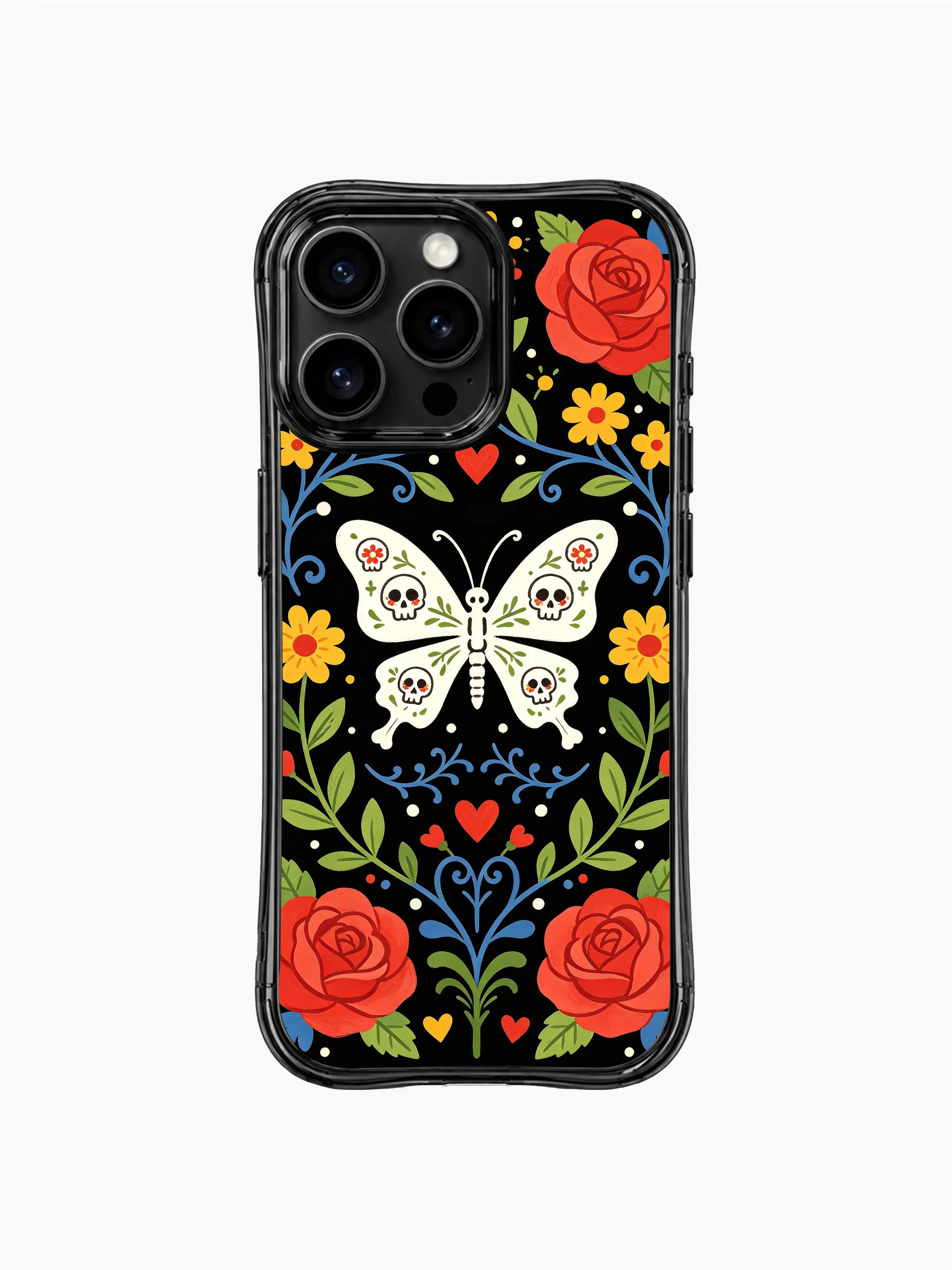 PhoneCasing iPhone 16 pro max Case featuring four sugar skull butterflies with red and yellow flower details, framed by red roses, blue vines and small hearts, balanced folk art design for iPhone 16 pro max casing.