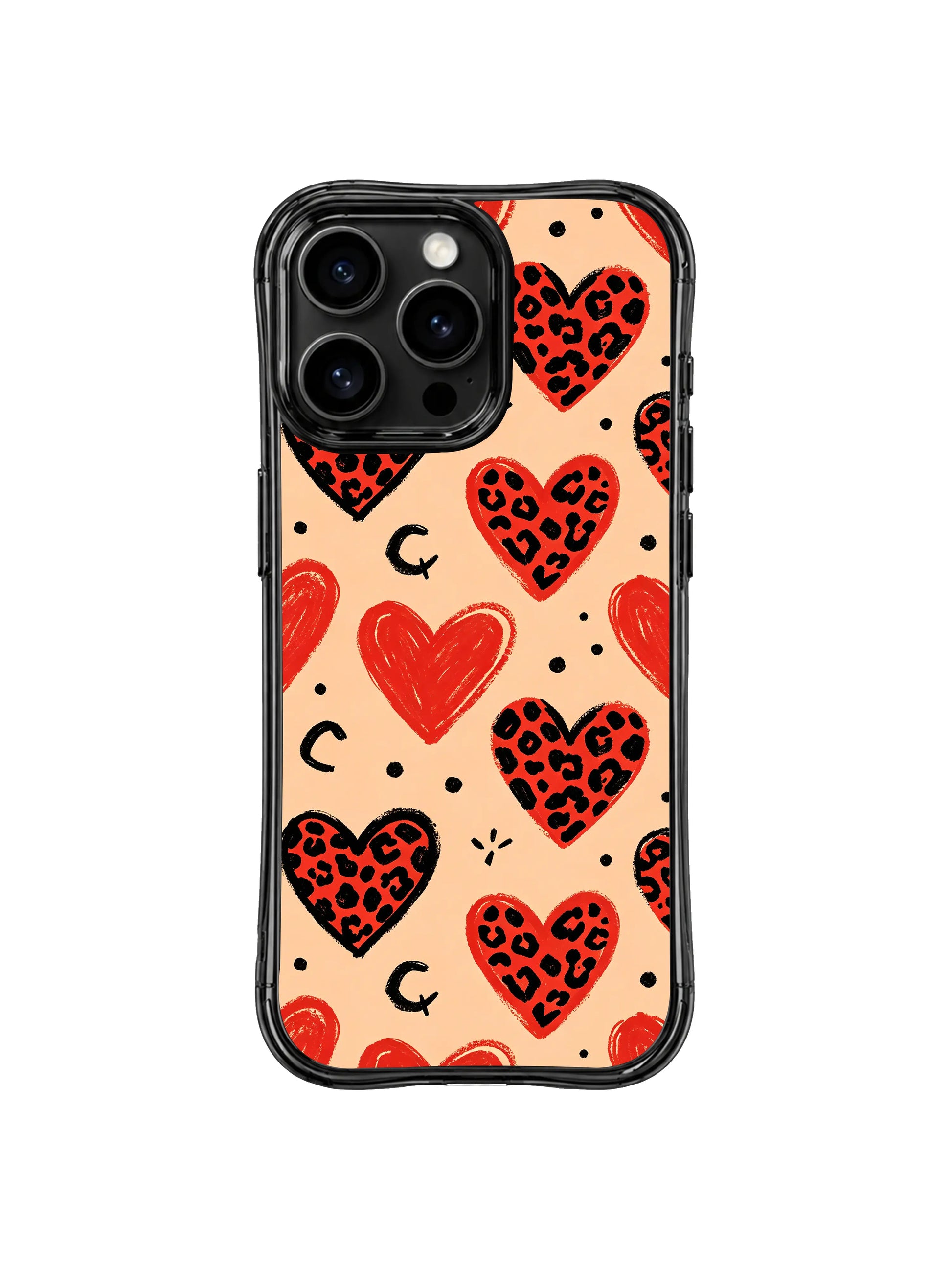 Drop protection showcase for PhoneCasing peach heart leopard iPhone 14 Pro Case, reinforced four-corner shockproof frame, durable construction for everyday accidental bumps