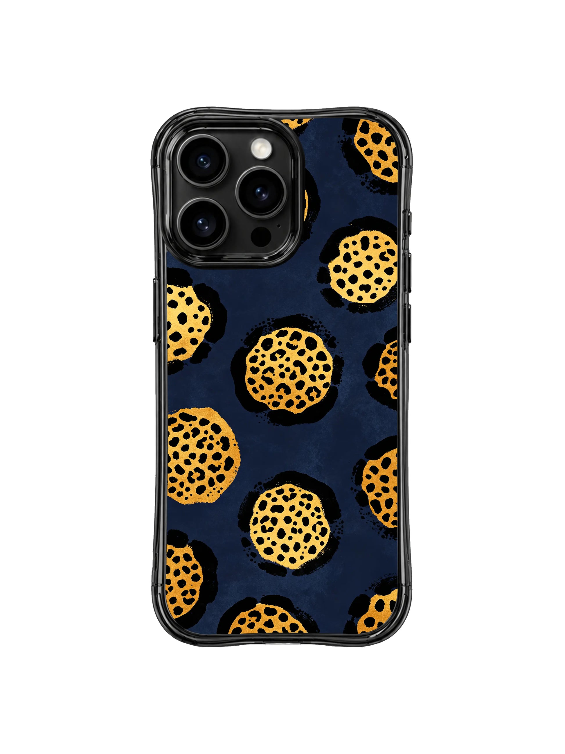 Drop resistance feature showcase for PhoneCasing Midnight Golden Drift leopard iPhone 14 Pro Case, reinforced thick curved wave corners buffer daily knocks, scrapes and accidental device falls