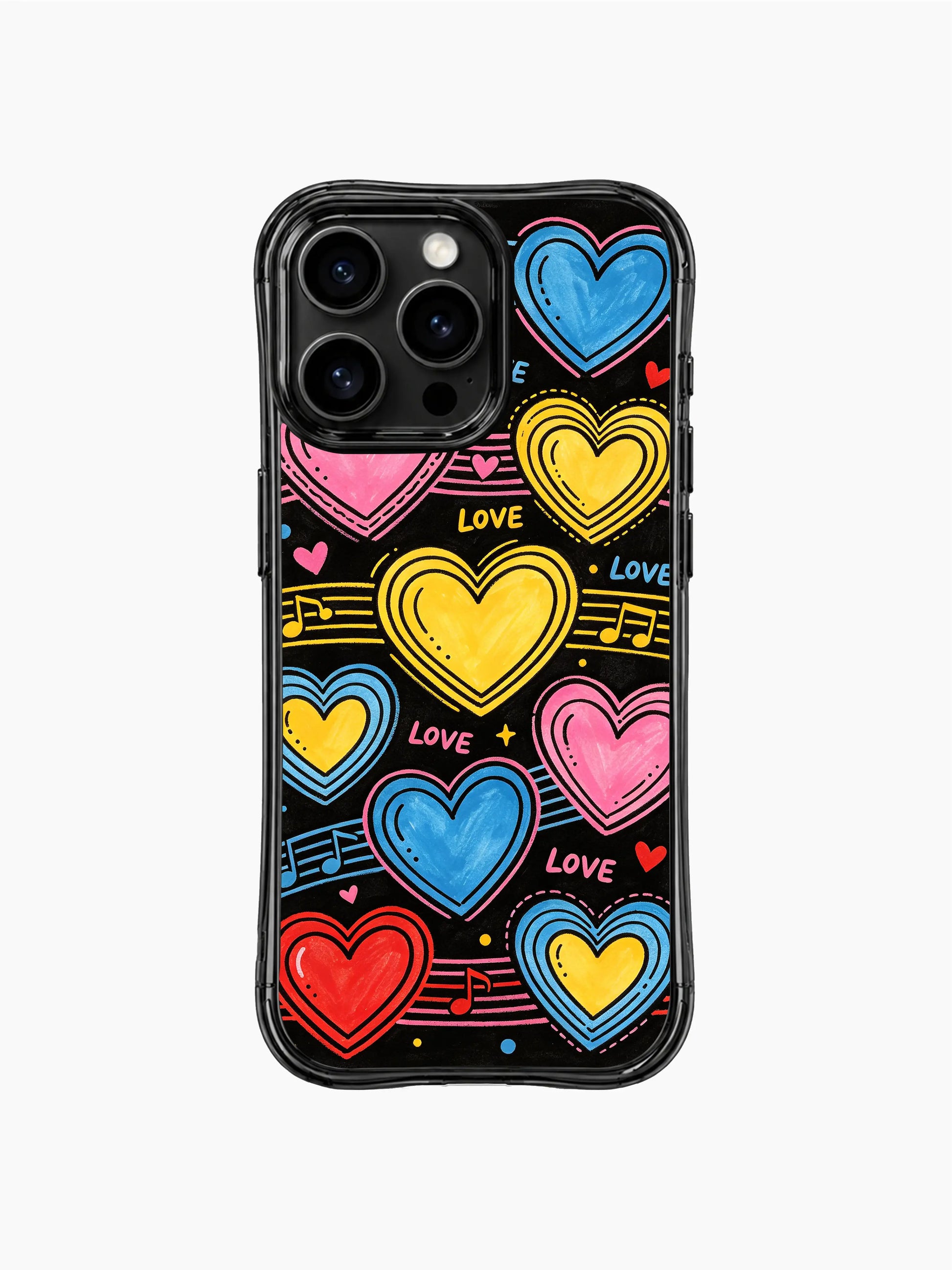 PhoneCasing iPhone 13 Pro Max case full spectrum pink yellow red cyan layered outline hearts paired with handwritten LOVE and music symbols, 90s throwback street pop phone cover casing.
