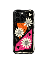 PhoneCasing iPhone 16 pro Case blending vintage travel poster texture and whimsical road trip daisy heart motifs, Ruby Daze Wild Orange Daisy Map wavy design for daily adventure casual wear.