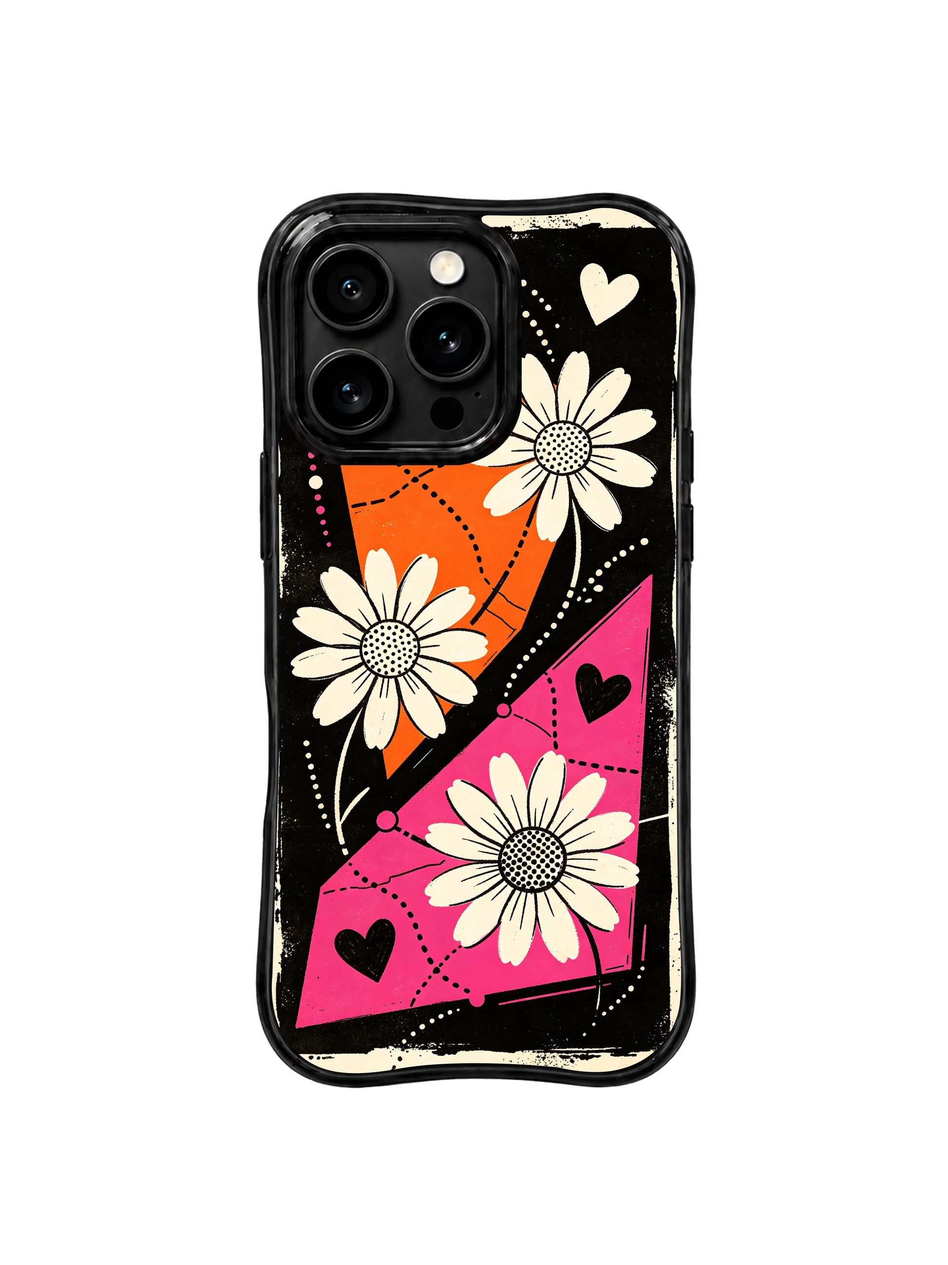 PhoneCasing iPhone 16 pro Case blending vintage travel poster texture and whimsical road trip daisy heart motifs, Ruby Daze Wild Orange Daisy Map wavy design for daily adventure casual wear.
