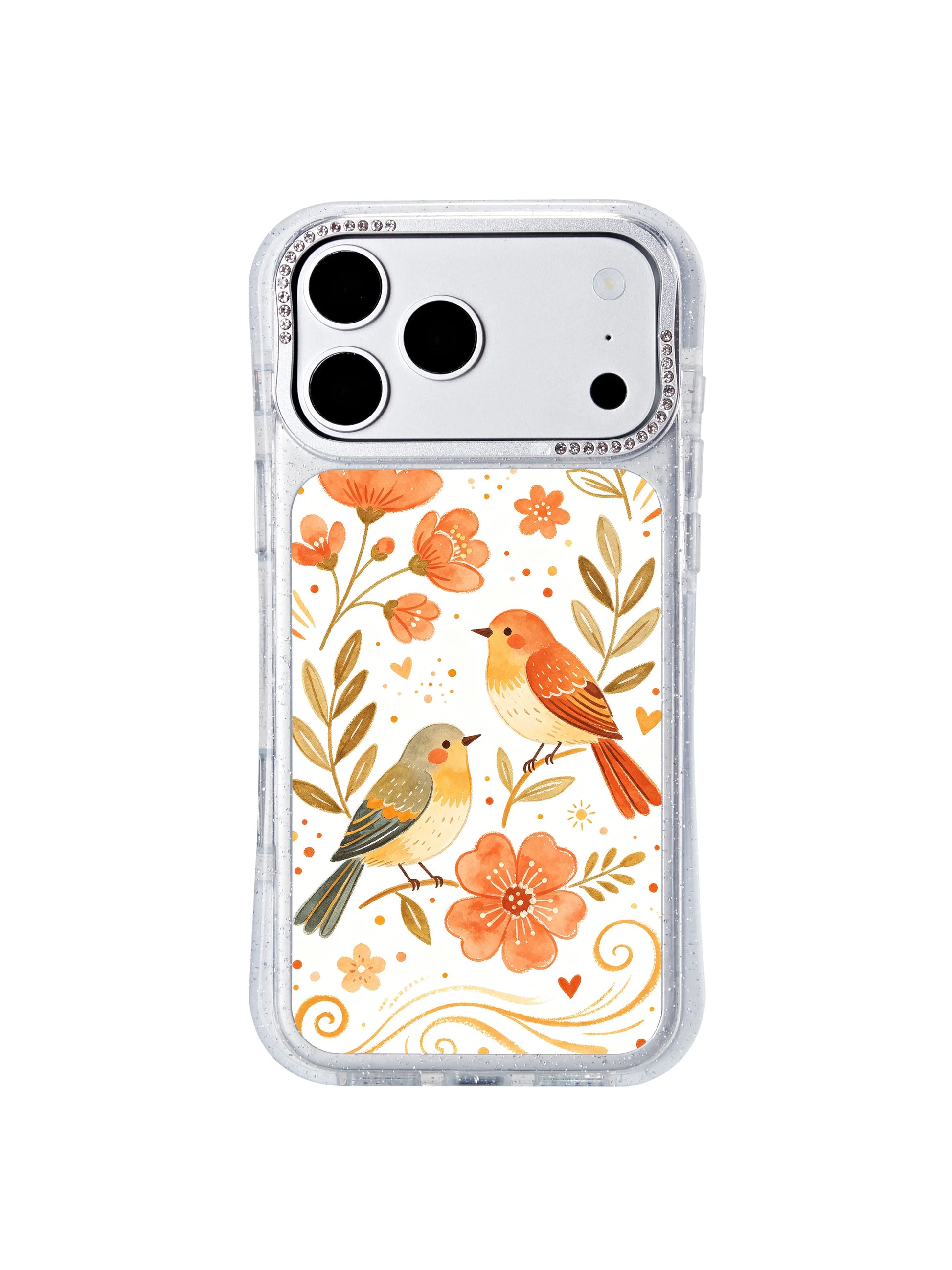 PhoneCasing whimsical folk style iphone 17 pro Max casing illustrated by Aurelia Finch, flying songbirds and wandering butterflies weaving through warm orange floral branches with rising colorful dot accents.