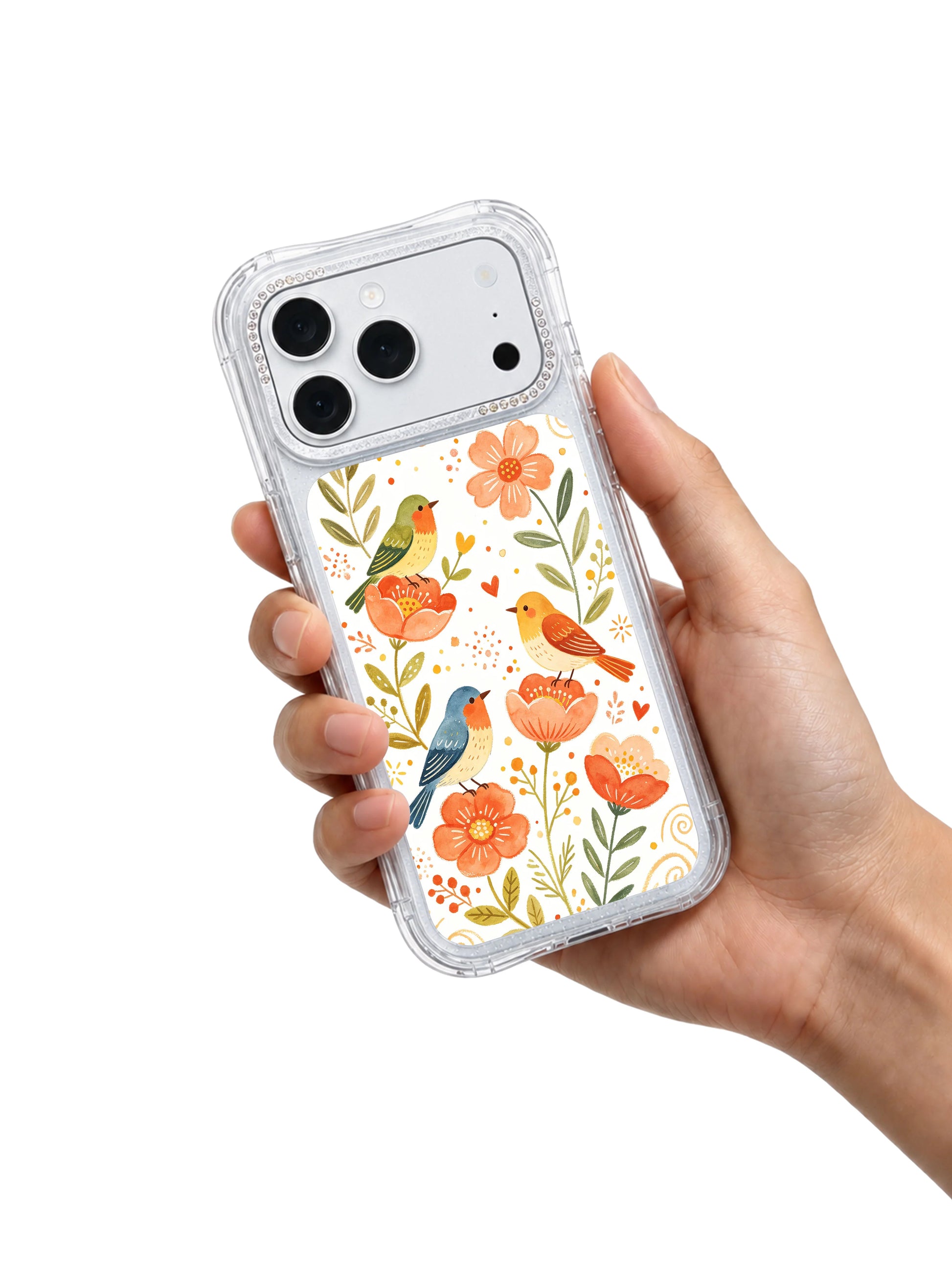 PhoneCasing whimsical folk style iphone 17 pro Max casing illustrated by Aurelia Finch, multi colored songbirds flitting through peach flower branches, tiny confetti dots rising upward with subtle heart accents across the white background.