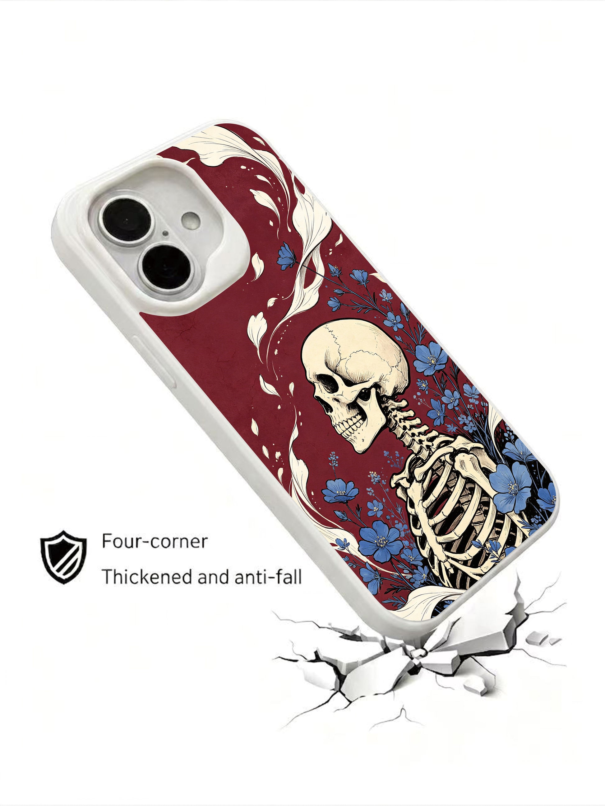 PhoneCasing Free Spirit Bone Blossom coastal goth iPhone 16 Case, dark academia skeleton illustration with ocean-style winding blue flowers, four-corner anti-drop reinforced casing USA-made