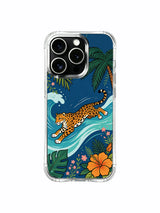 Free-spirited sprinting jaguar embodying seaside wilderness joy iPhone 13 pro Case by PhoneCasing, colorful multi-tonal tropical flower framed art phone cover, gift-ready curated art protective casing