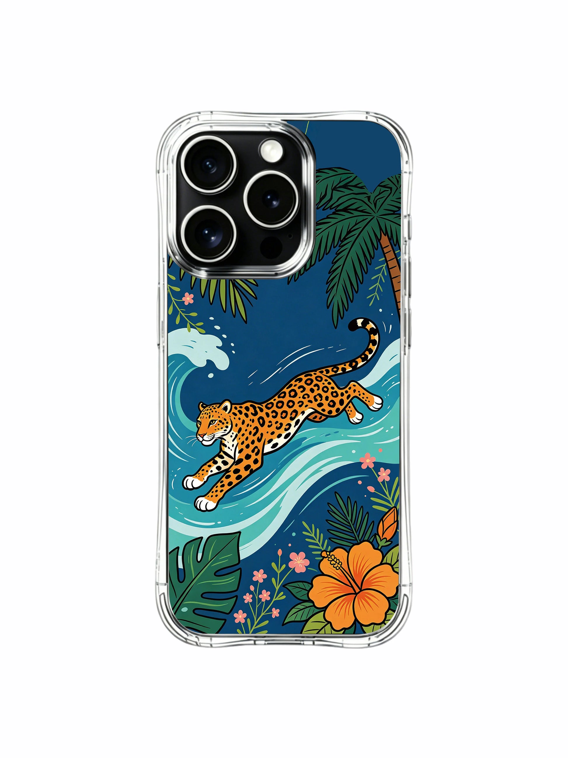 Free-spirited sprinting jaguar embodying seaside wilderness joy iPhone 13 pro Case by PhoneCasing, colorful multi-tonal tropical flower framed art phone cover, gift-ready curated art protective casing