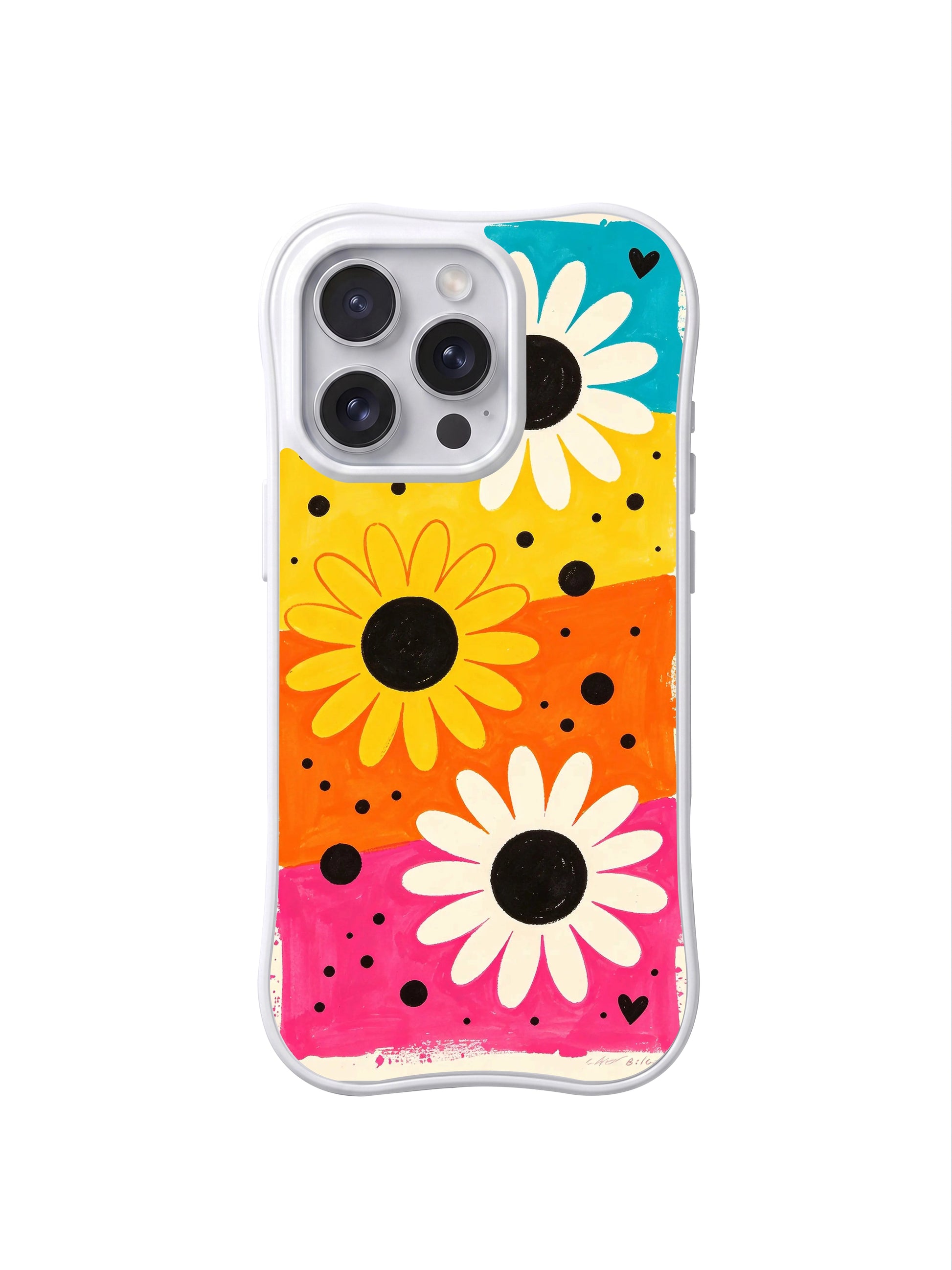 PhoneCasing iPhone 16 pro Case with upbeat vibrant candy color block base and prominent stage daisy heart motifs, Ruby Daze Candy Riot Daisies wavy design for daily festival streetwear wear.