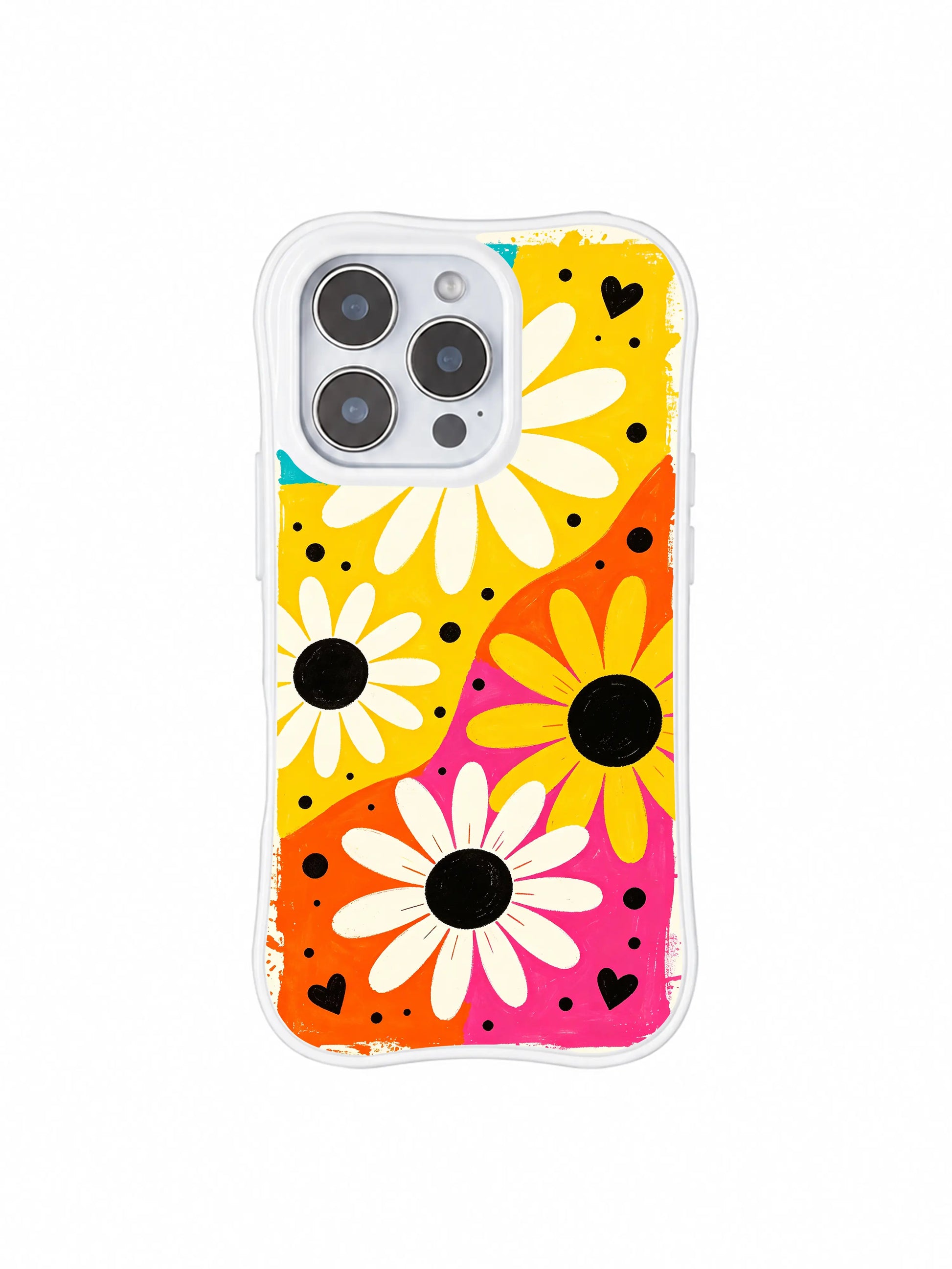 PhoneCasing iPhone 16 pro Case with upbeat vibrant candy color block base and prominent stage daisy heart motifs, Ruby Daze Candy Riot Daisies wavy design for daily festival streetwear wear.
