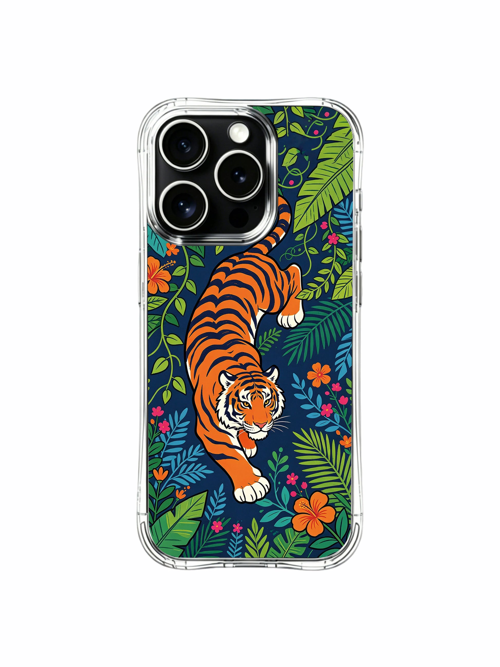 Free-spirited leaping tiger embodying wild freedom iPhone 13 pro Case by PhoneCasing, dense mixed tropical flower framed art phone cover, luxury gift-ready curated art protective casing