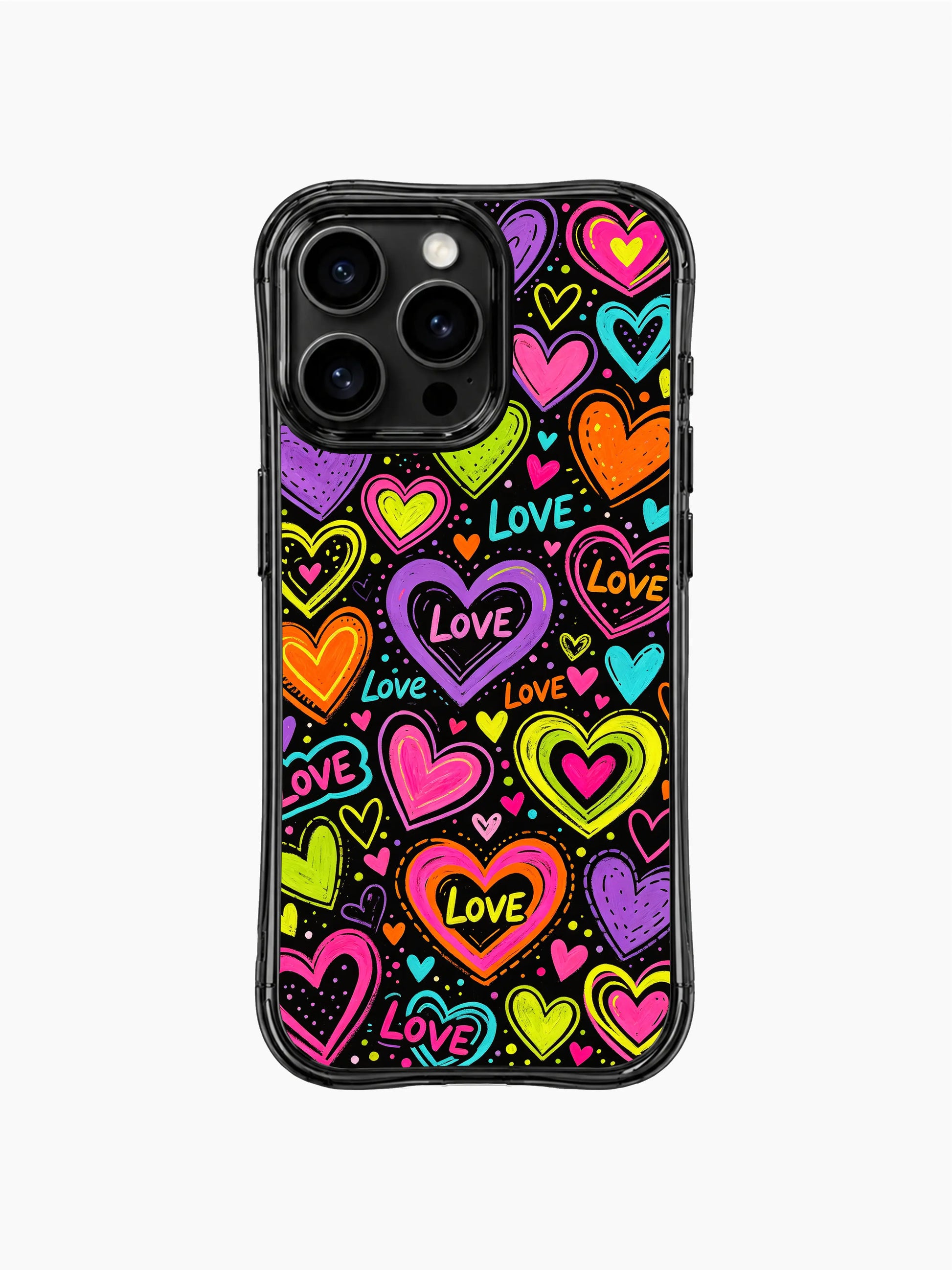 PhoneCasing iPhone 13 Pro Max casing raw unpolished freehand sketch neon hearts, random uneven LOVE handwriting scattered across black base, casual daily use phone case.