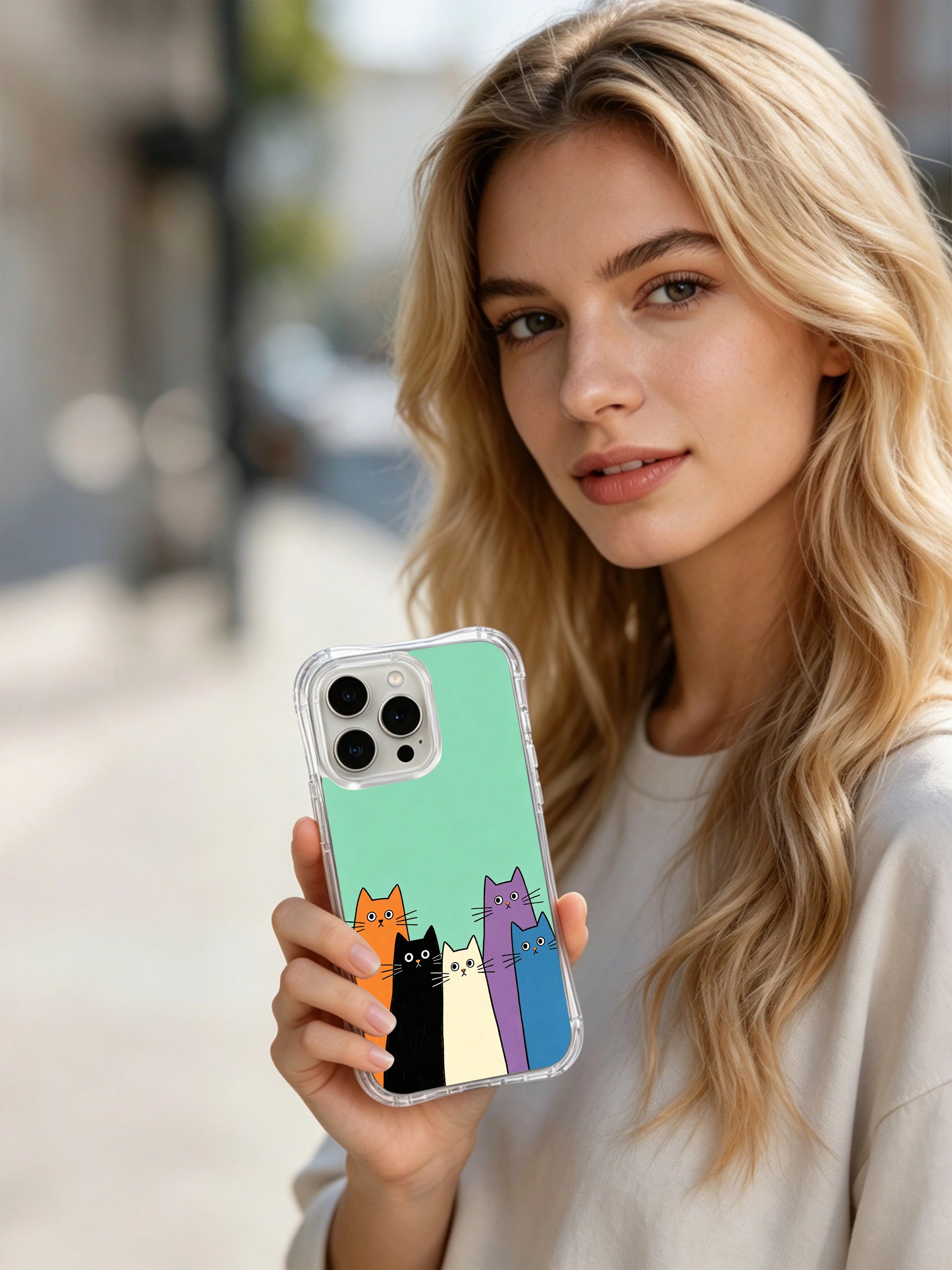 PhoneCasing iPhone 16 Pro Max with Fresh Mint Feline Peek design, simple and expressive cats peeking out, adding a cheerful, easygoing vibe to your everyday carry.