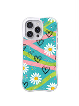 PhoneCasing iPhone 16 pro Case with full-bleed sweeping pastel streak hand sketch daisy heart layout full of light airy summer wanderlust charm, Ruby Daze signature collection, MagSafe compatible wavy white protective art casing.