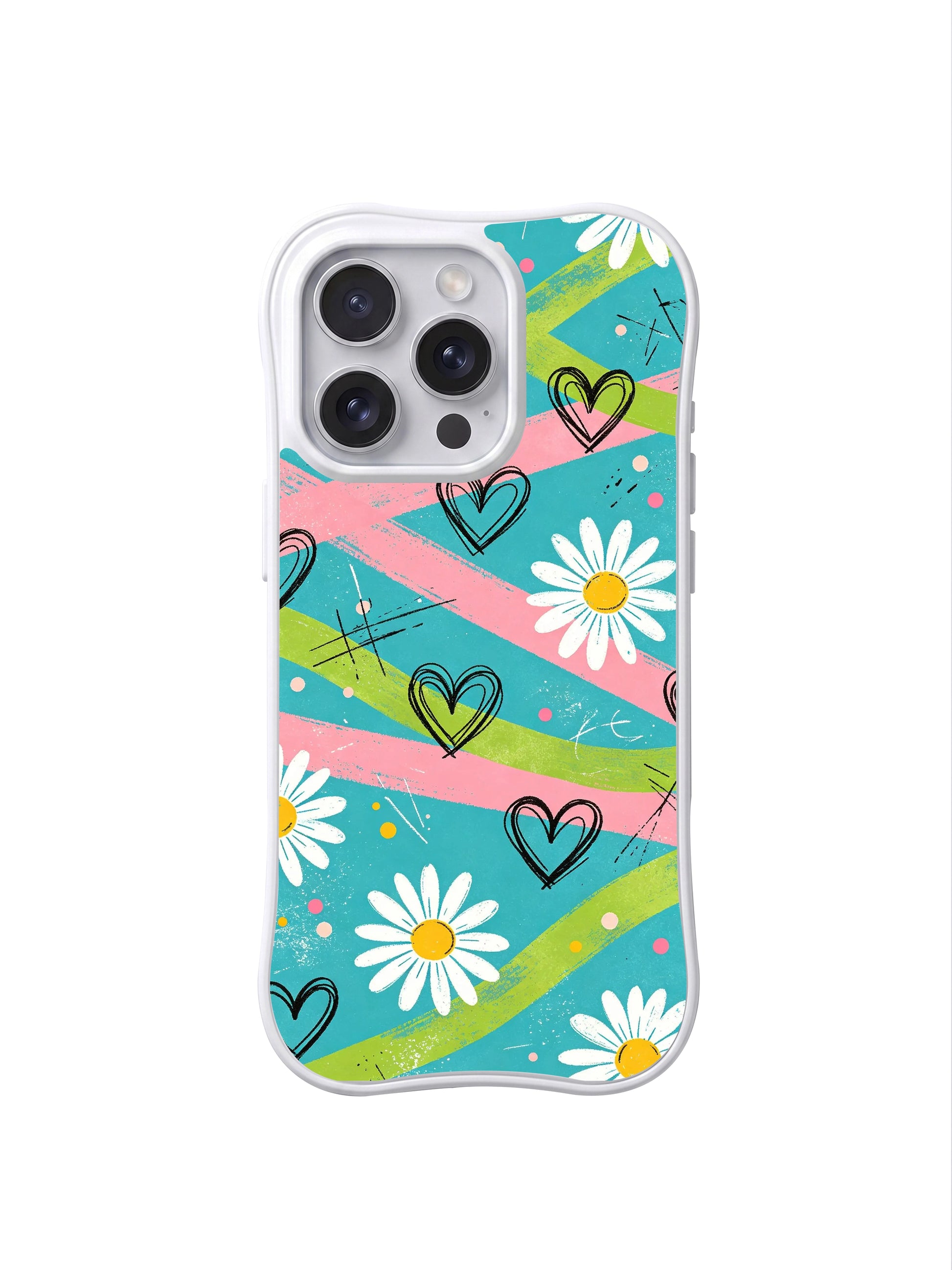 PhoneCasing iPhone 16 pro Case with full-bleed sweeping pastel streak hand sketch daisy heart layout full of light airy summer wanderlust charm, Ruby Daze signature collection, MagSafe compatible wavy white protective art casing.