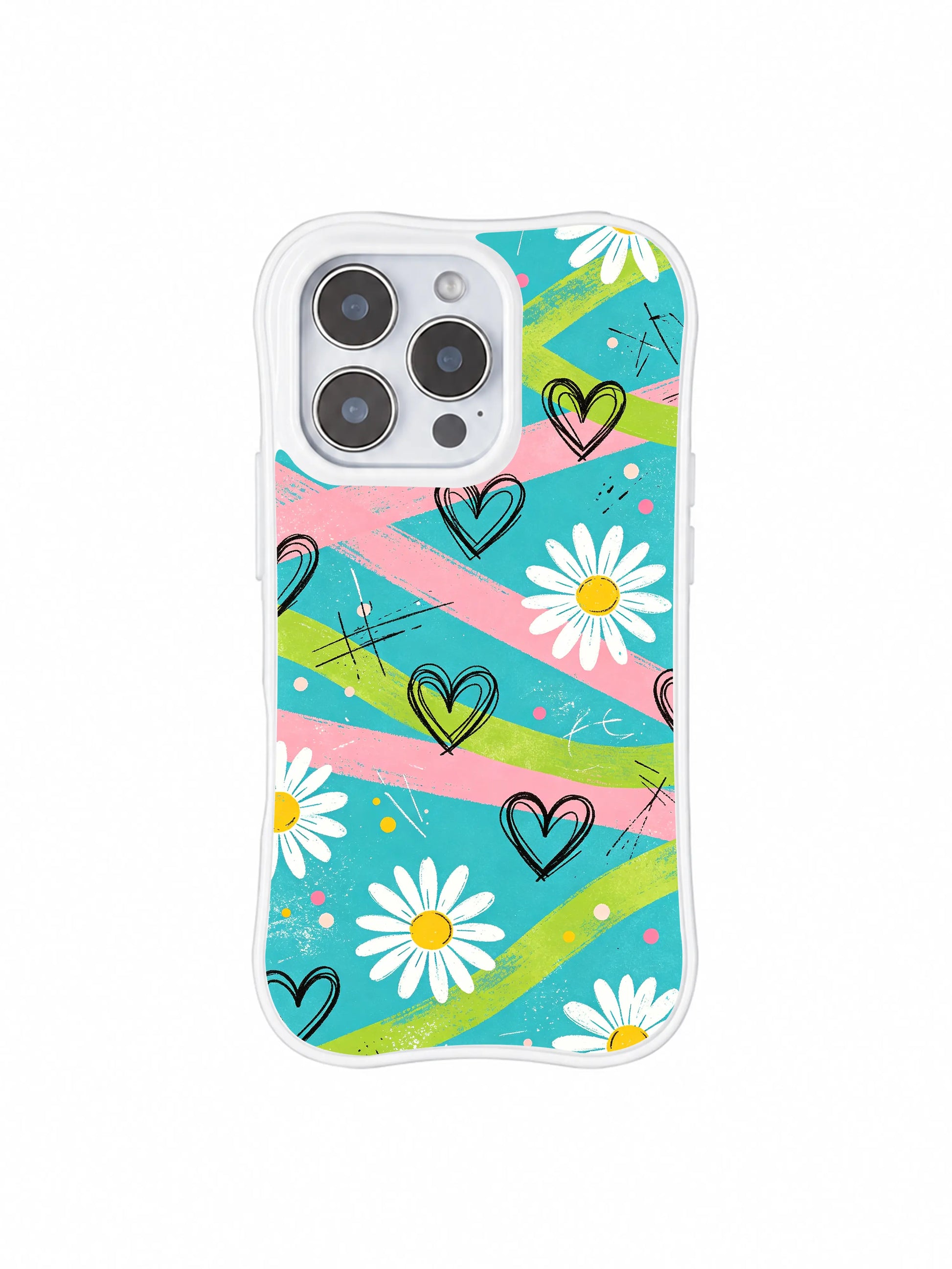 PhoneCasing iPhone 16 pro Case with full-bleed sweeping pastel streak hand sketch daisy heart layout full of light airy summer wanderlust charm, Ruby Daze signature collection, MagSafe compatible wavy white protective art casing.