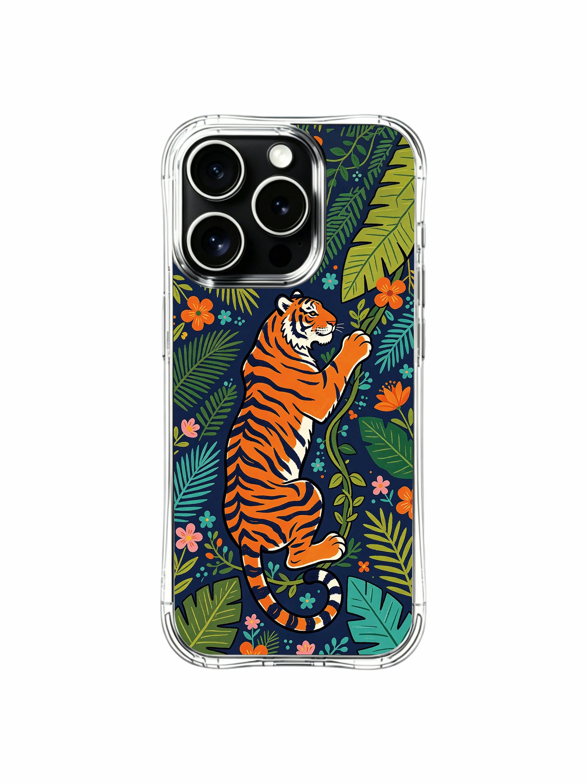Center focal climbing orange tiger artwork iPhone 13 pro Case from PhoneCasing, anti-scratch transparent iPhone 13 pro casing framed by multi-shade tropical leaves, statement art phone cover.