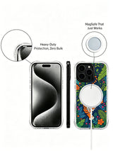 Intense forward-gaze diving orange tiger wrapped by colorful jungle flora iPhone 13 pro Case from PhoneCasing, scattered tiny white & pink blossom detail phone cover, curated exclusive art phone casing