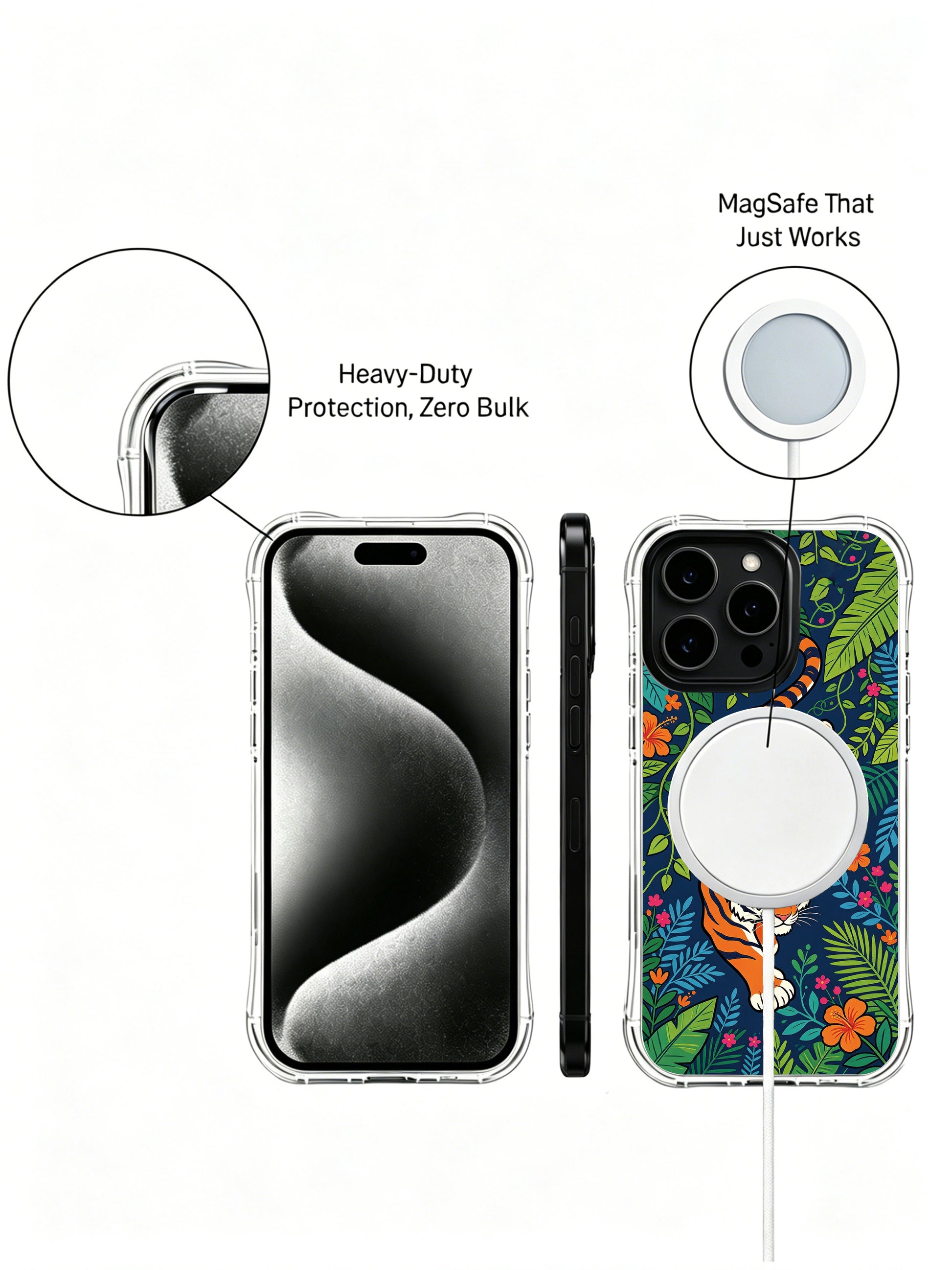 Intense forward-gaze diving orange tiger wrapped by colorful jungle flora iPhone 13 pro Case from PhoneCasing, scattered tiny white & pink blossom detail phone cover, curated exclusive art phone casing