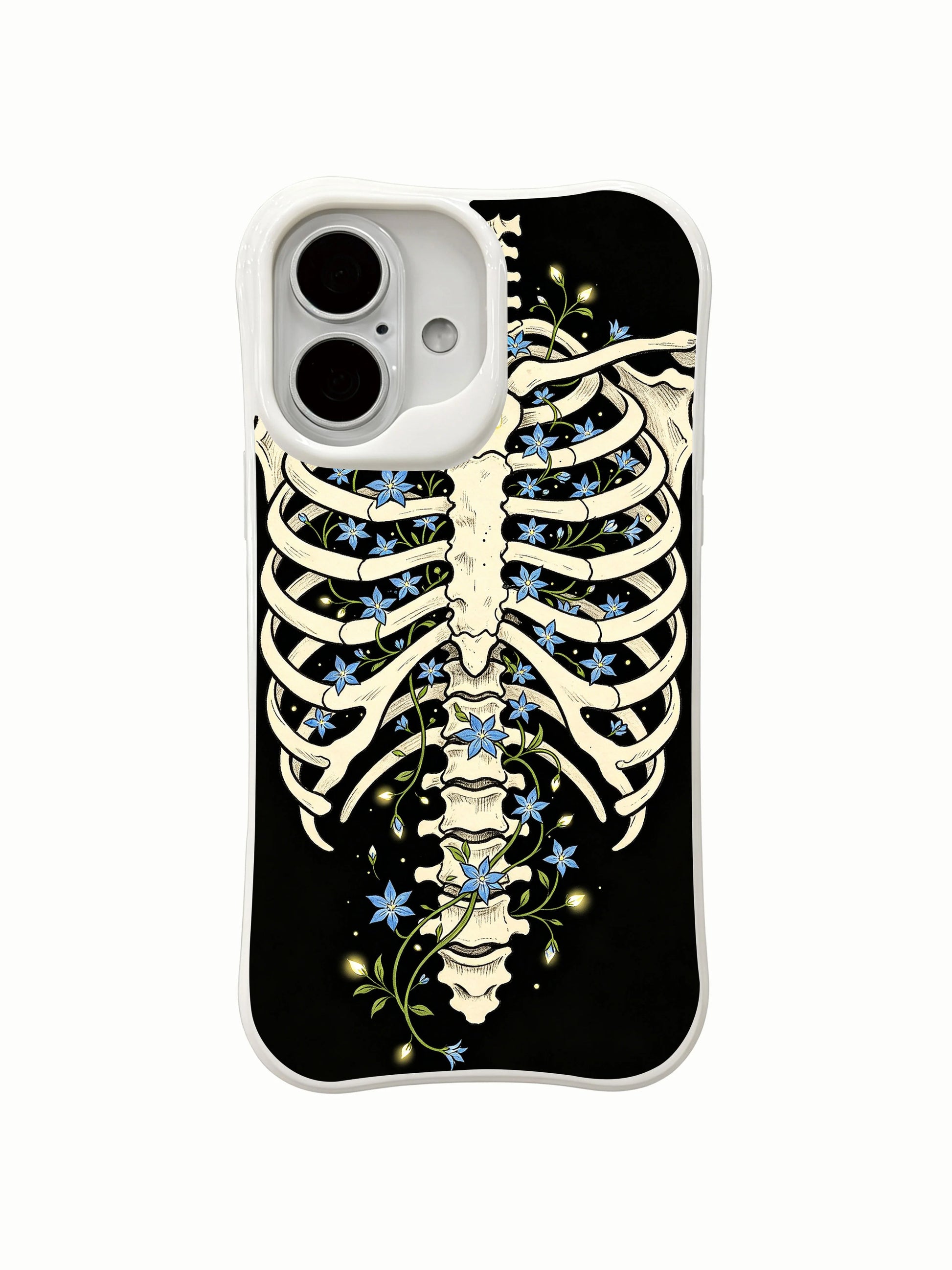 PhoneCasing front profile Star Blossom In Bone rib floral iPhone 16 Case, textured black vintage wrap-around blue vine bloom design, scratch resistant fade-free premium iPhone 16 casing