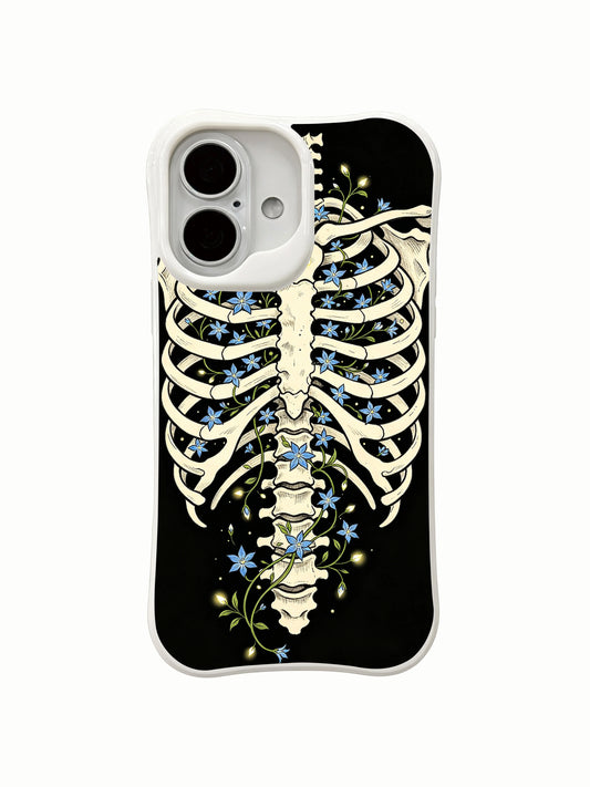 PhoneCasing front profile Star Blossom In Bone rib floral iPhone 16 Case, textured black vintage wrap-around blue vine bloom design, scratch resistant fade-free premium iPhone 16 casing