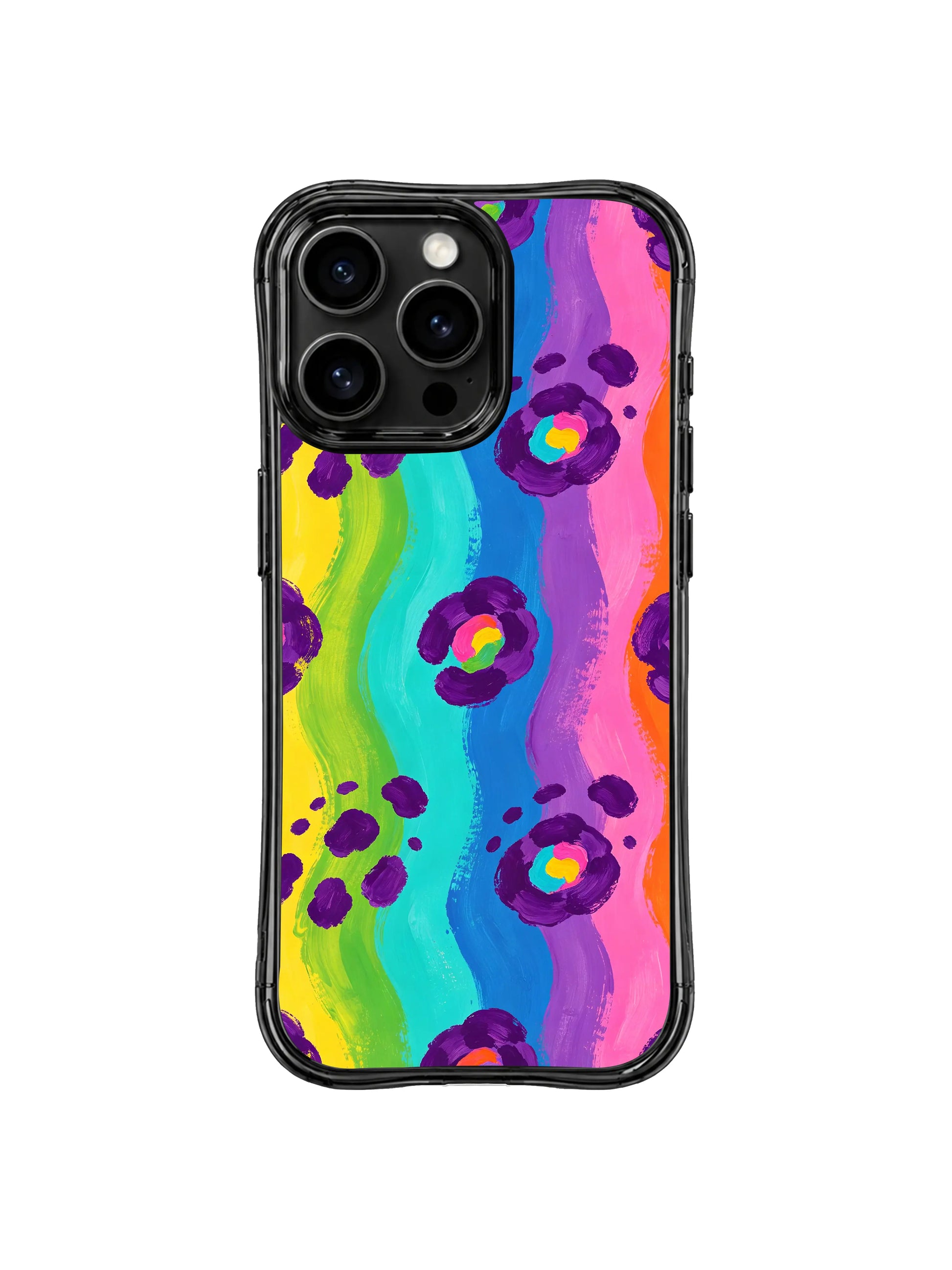 Full-bleed rainbow leopard pattern iPhone 14 Pro Case from PhoneCasing, seamless hand-drawn abstract rosettes across rainbow gradient, smooth matte finish