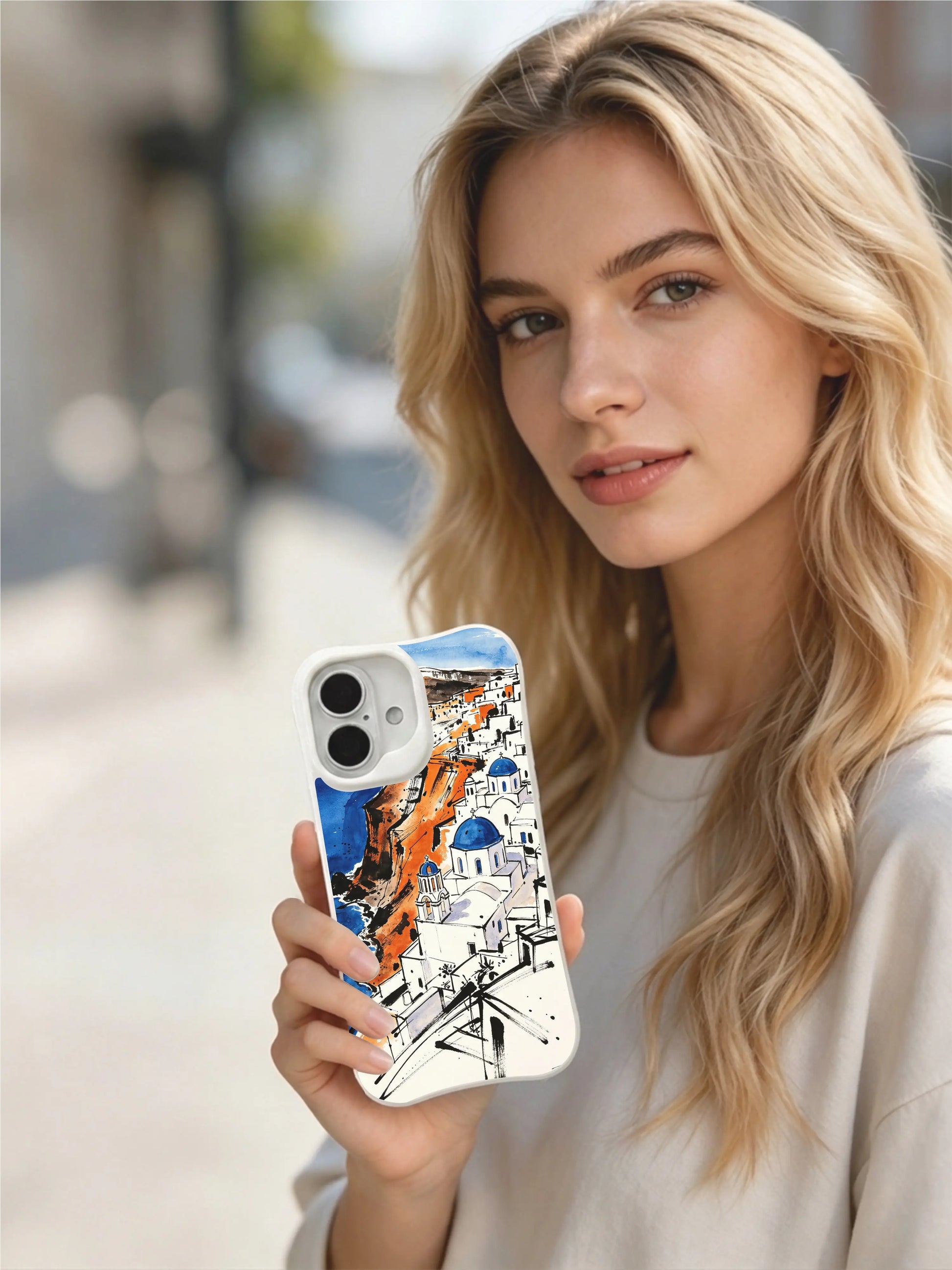 PhoneCasing full-bleed Santorini scene iPhone 16 Case, Matisse Dufré collaboration design