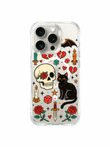 Skull and black cat with floral border and broken hearts artwork on an iPhone 15 Pro case