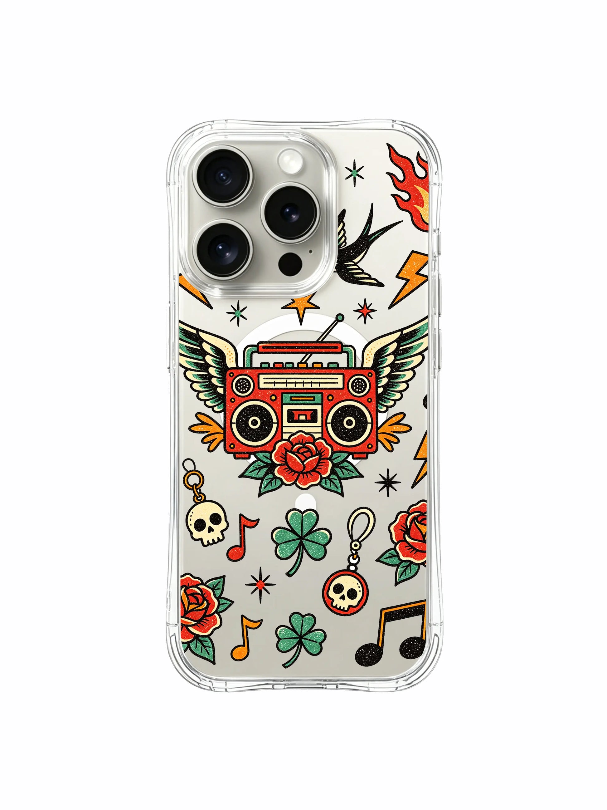 PhoneCasing iPhone 15 pro Case full detailed vintage floral border, single side flame, paired bottom roses and core winged old boombox, premium wearable art clear iPhone 15 pro casing.