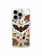 Black bat with floral border, stars and candles artwork on an iPhone 15 Pro case