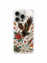 Eagle with petal border, stars and daggers artwork on an iPhone 15 Pro case