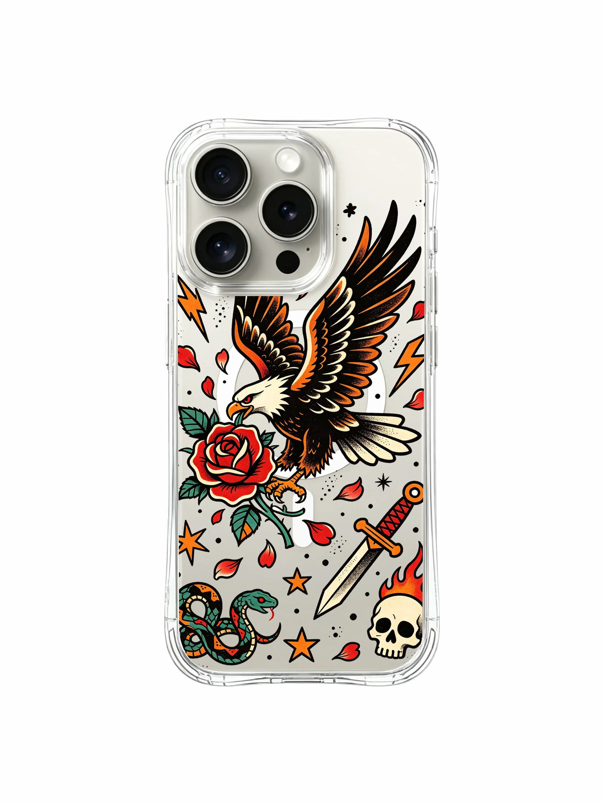 PhoneCasing iPhone 15 pro Case full surrounding petal border layout, multi star accents and dual dagger detail next to freedom eagle, premium wearable art clear iPhone 15 pro casing.