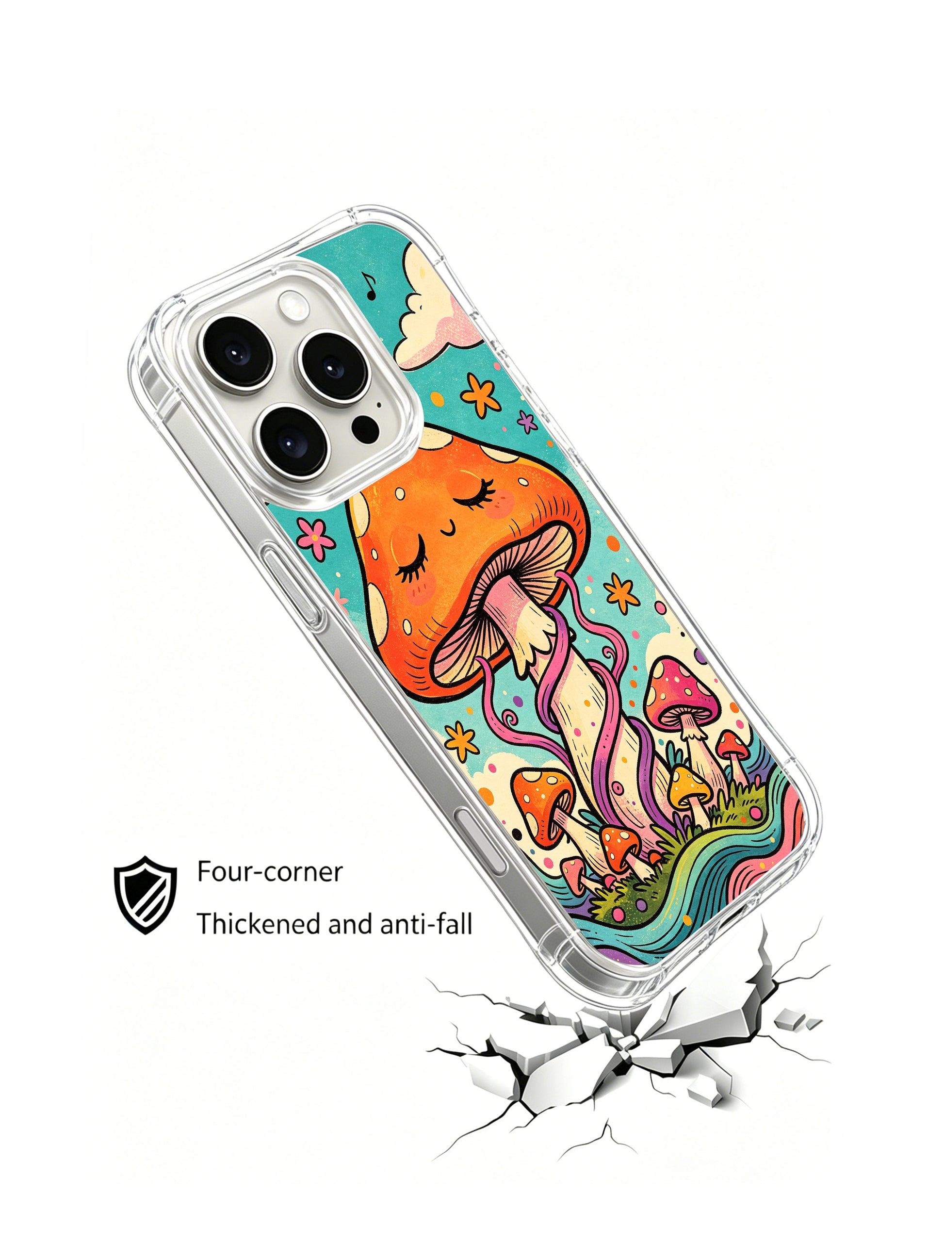 PhoneCasing iPhone 16 pro max Case, four-corner anti-drop bespoke casing focused on oversized dozing orange spotted mushroom encircled by assorted tiny colorful fungi, luxury collectible illustrated art casing