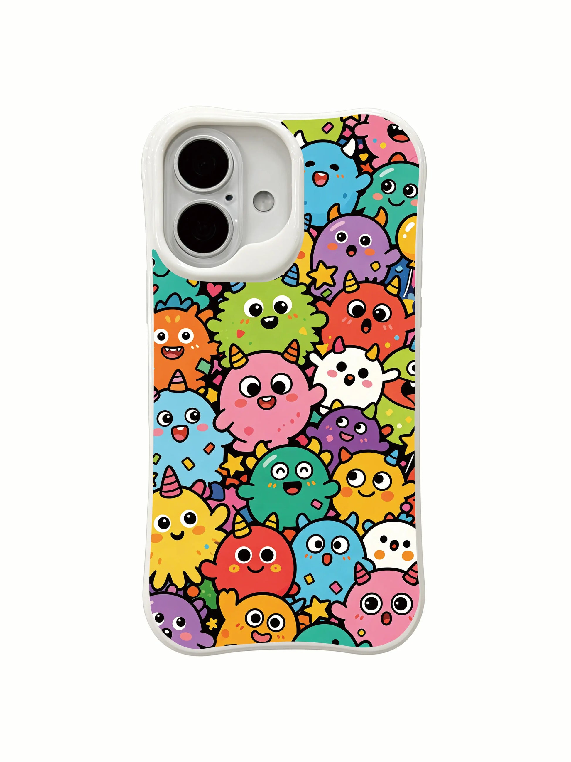 PhoneCasing full character pattern iPhone 16 Plus Case, Milo Yun’s Candy Monster Parade with dense cute monster design.