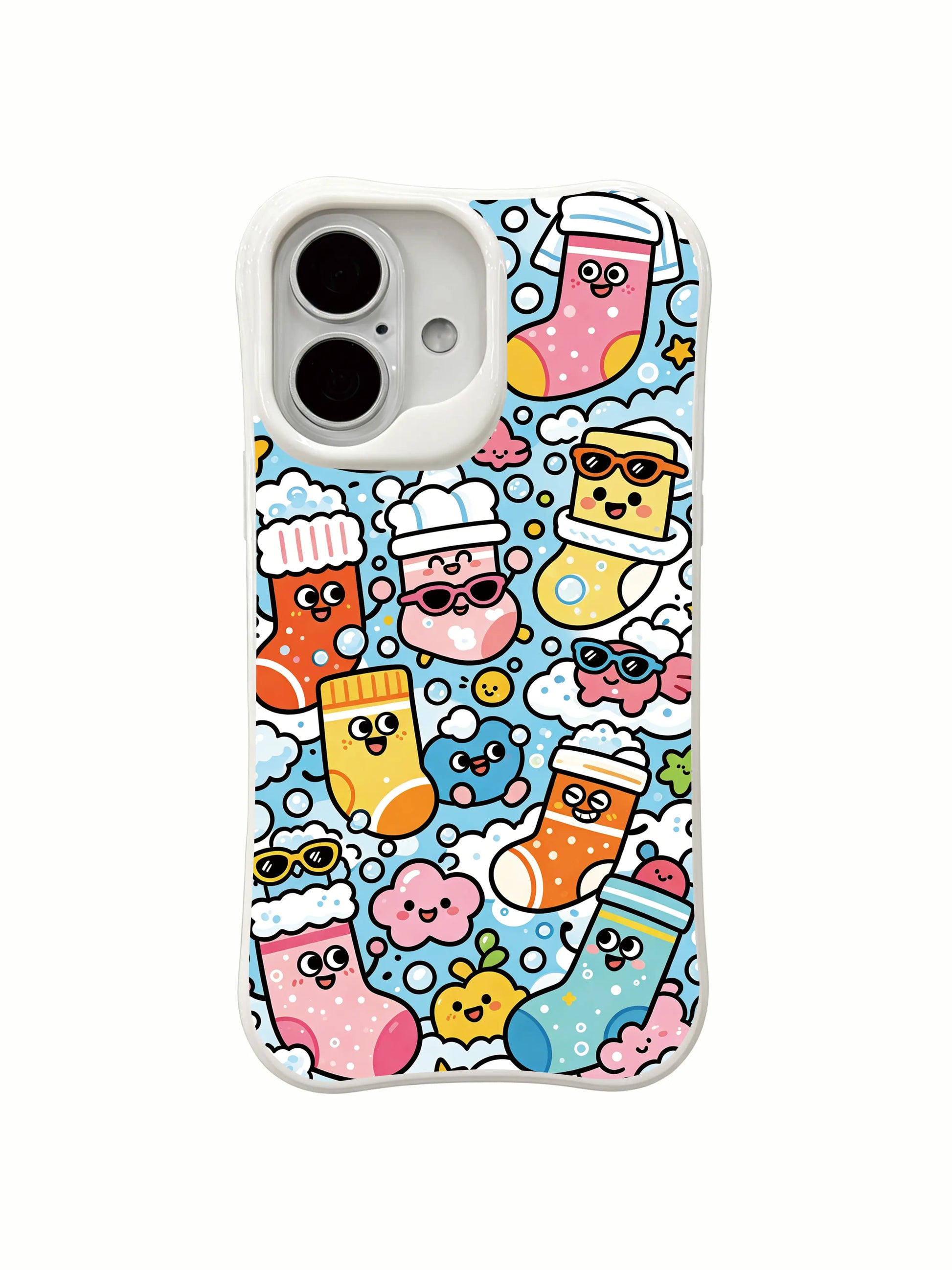 PhoneCasing full-cover laundry art iPhone 16 Plus Case, detailed illustration of sock monsters escaping the washer for everyday protection