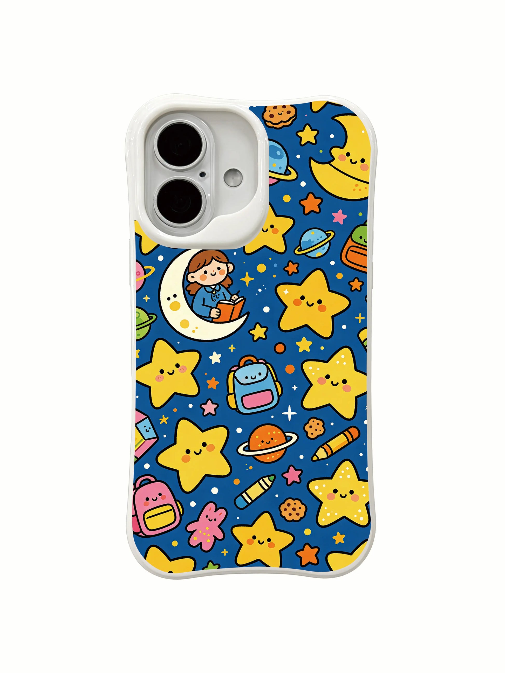 PhoneCasing full-cover space art iPhone 16 Plus Case, dense illustration from Milo Yun’s Star Kindergarten series.