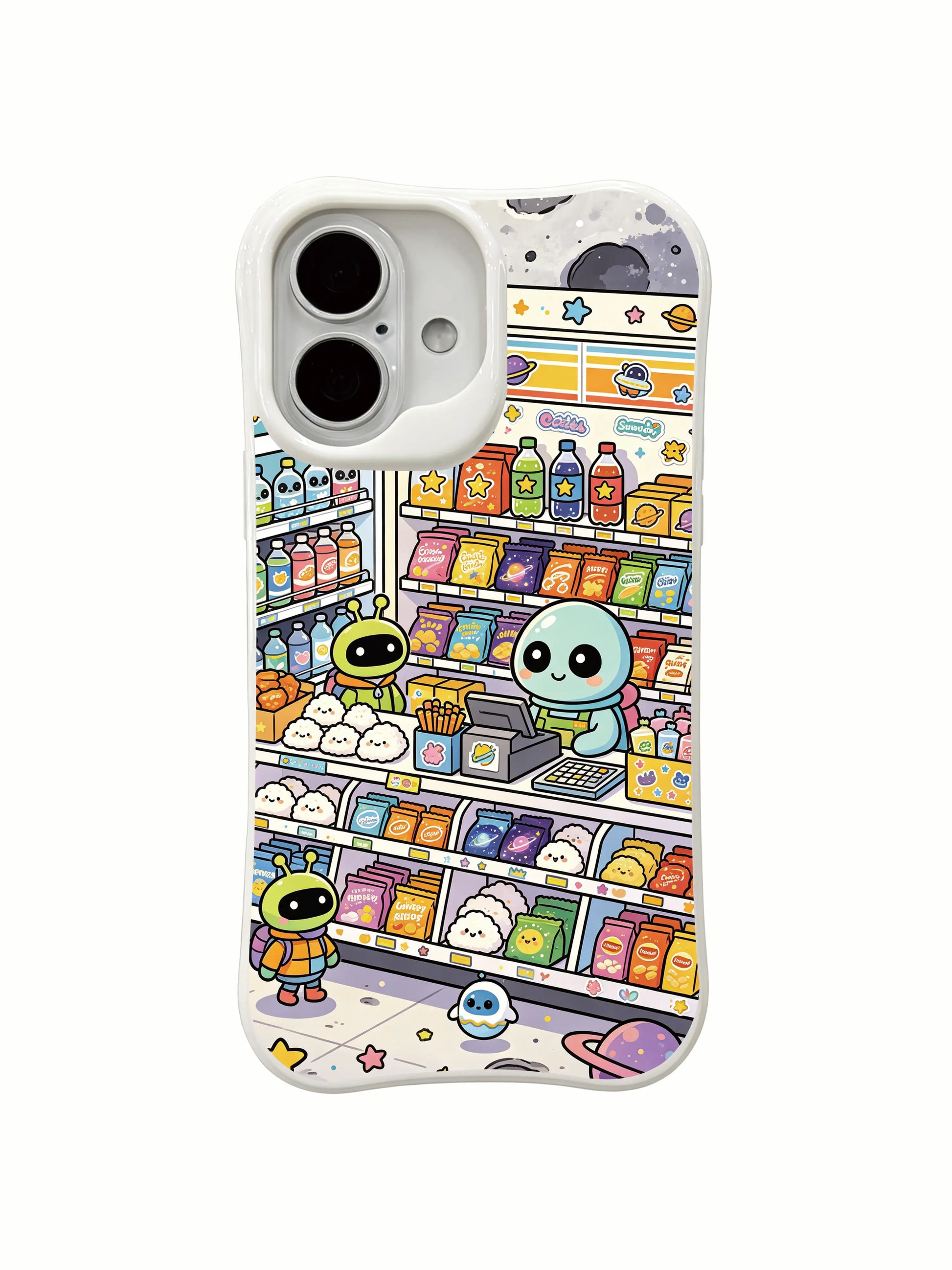 PhoneCasing full-cover space store iPhone 16 Plus Case, detailed illustration of the moon convenience store for everyday protection.