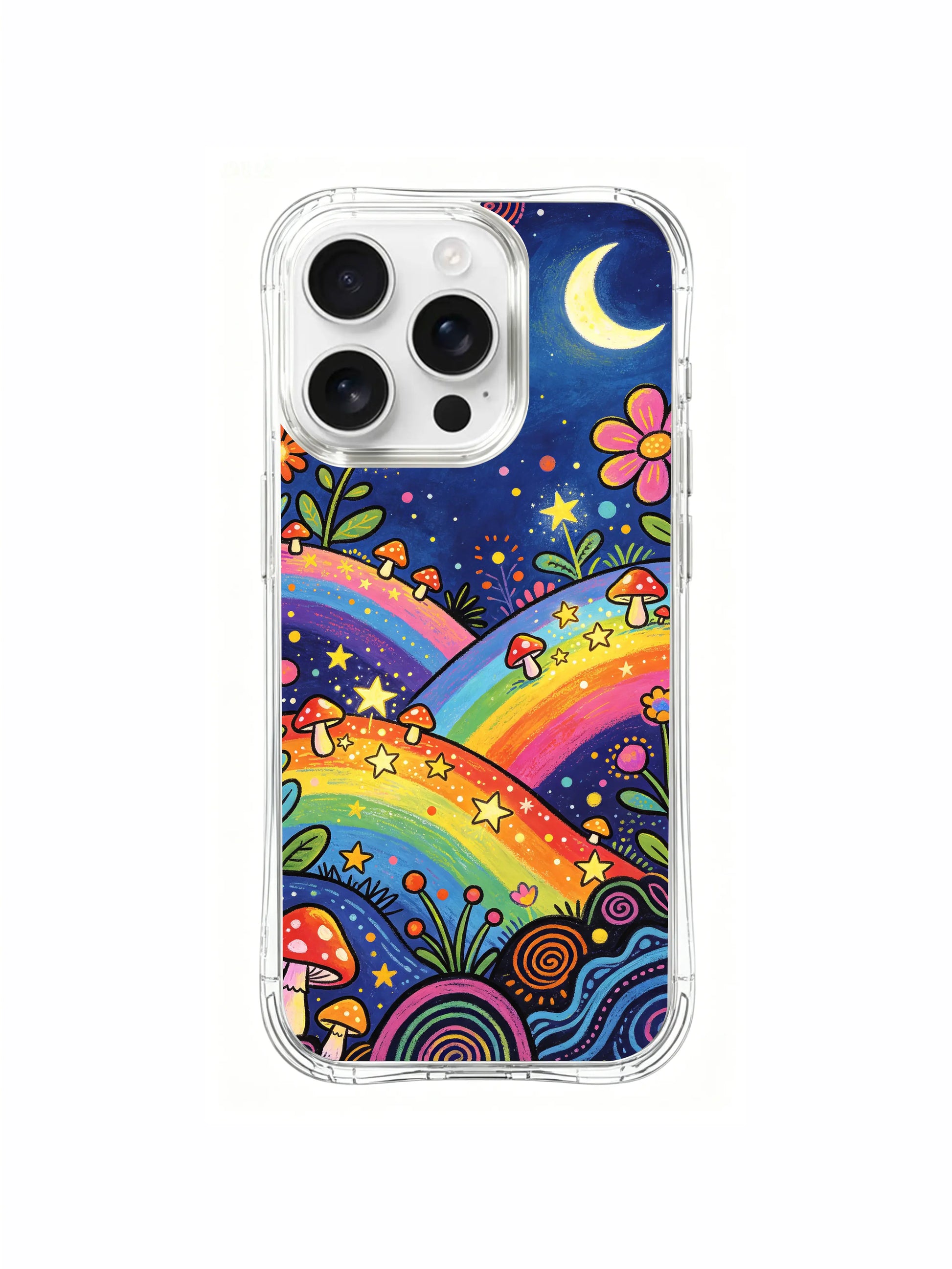 PhoneCasing iPhone 16 pro max Case, intricately detailed art casing with complete perimeter flower vine trim wrapping full star mushroom hill artwork, intertwining all hill foundations and surrounding wild blossoms, gallery-approved premium transparent casing.