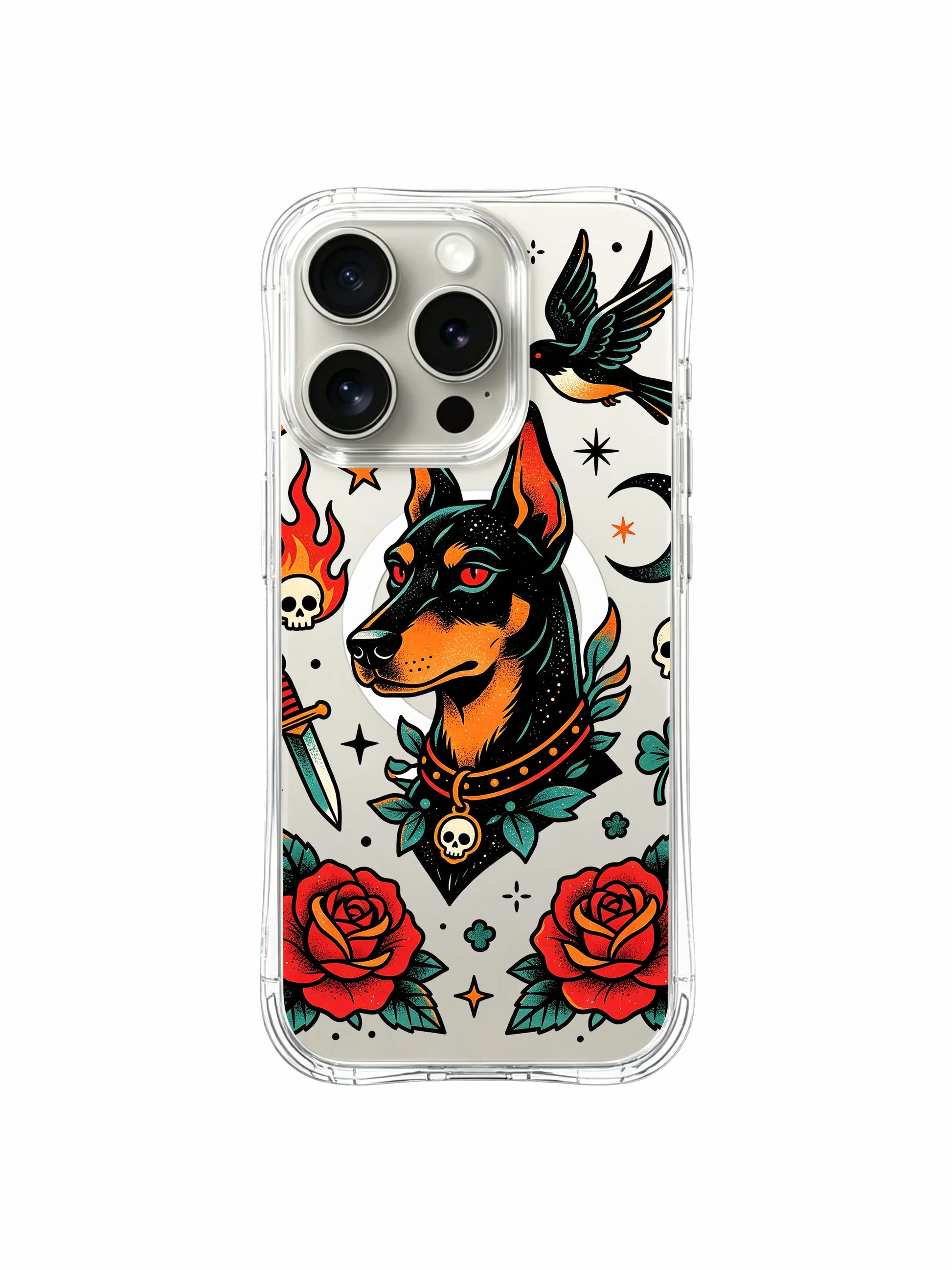 PhoneCasing iPhone 15 pro Case surrounded by fiery border doberman guardian art, premium clear wearable tattoo art phone casing perfect for birthday luxury gifts.
