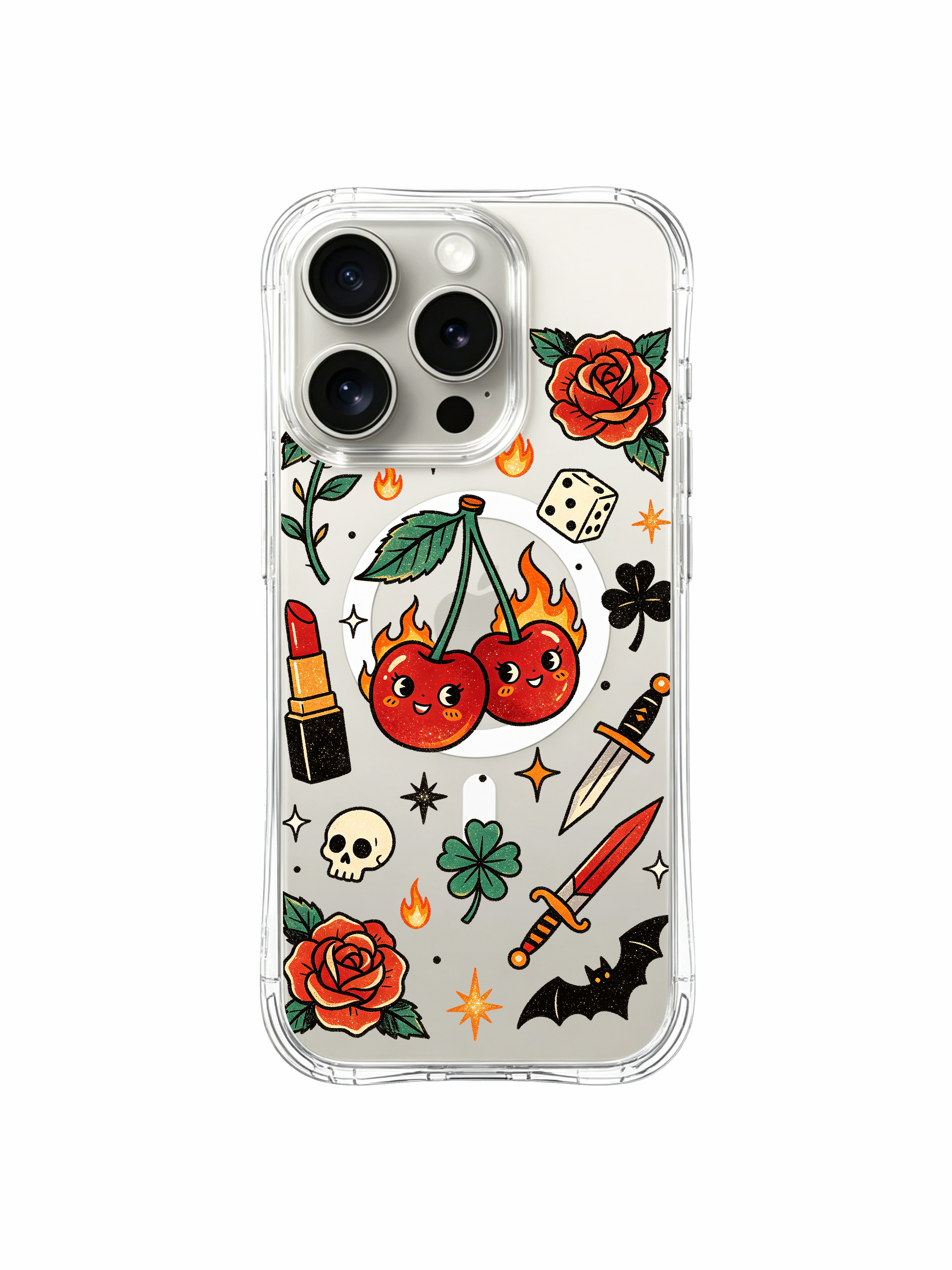 PhoneCasing iPhone 15 pro Case complete surrounding floral border layout, all-around shamrock decor and skull-free fiery cherry motif, high-end wearable art iPhone 15 pro casing.