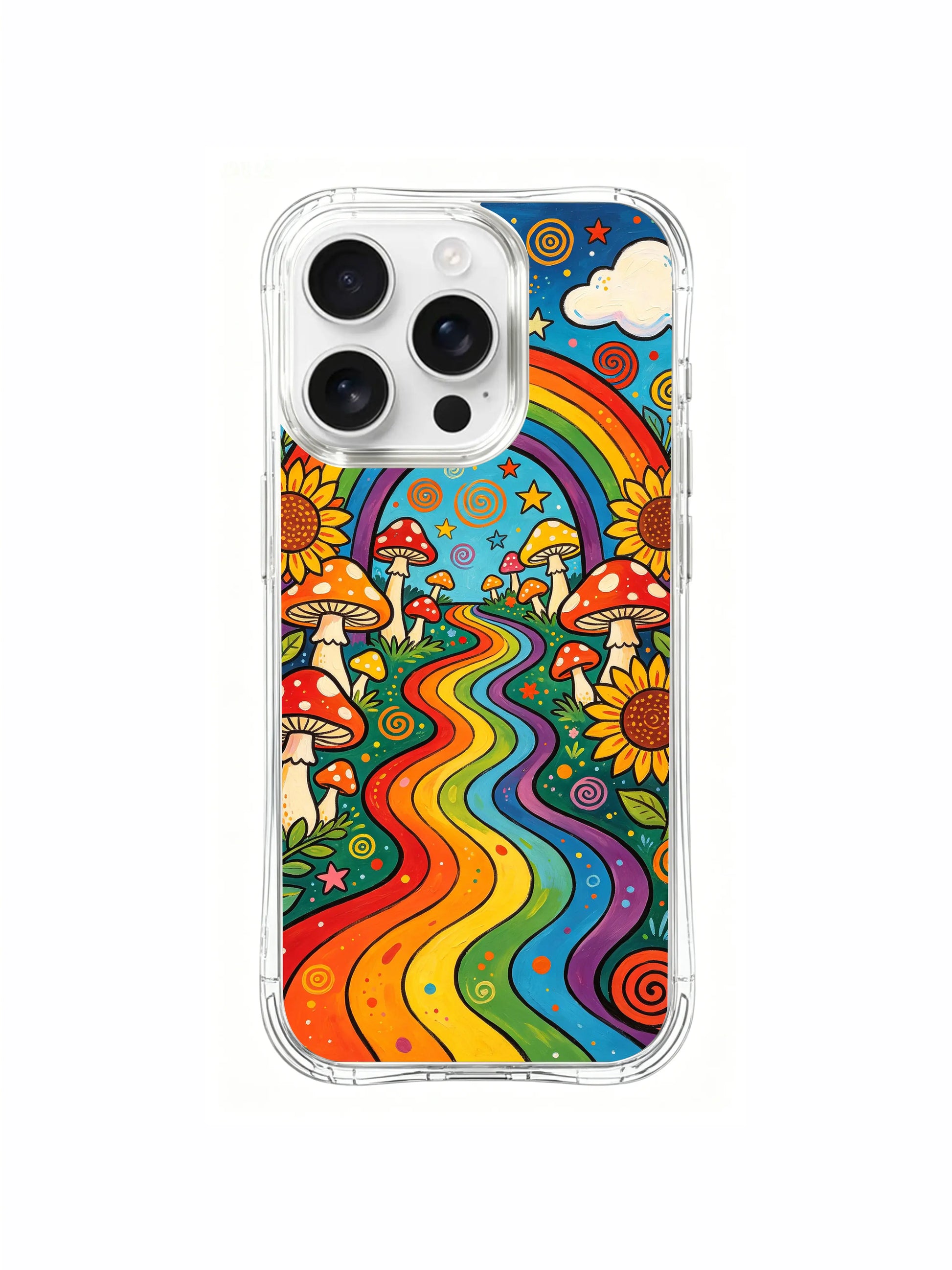 PhoneCasing iPhone 16 pro max Case, vertically structured bespoke casing with full-height rolling colorful meadow hills capped by grand curved rainbow gateway, assorted fungi and sunflowers scatter across undulating terrain, lightweight anti-fade wearable casing.