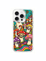PhoneCasing iPhone 16 pro max Case, vertically structured bespoke casing with full-height rolling multicolored terrain fully occupied by lined-up clown mushroom parade, assorted blossom clusters fill empty gaps, lightweight anti-fade wearable casing.