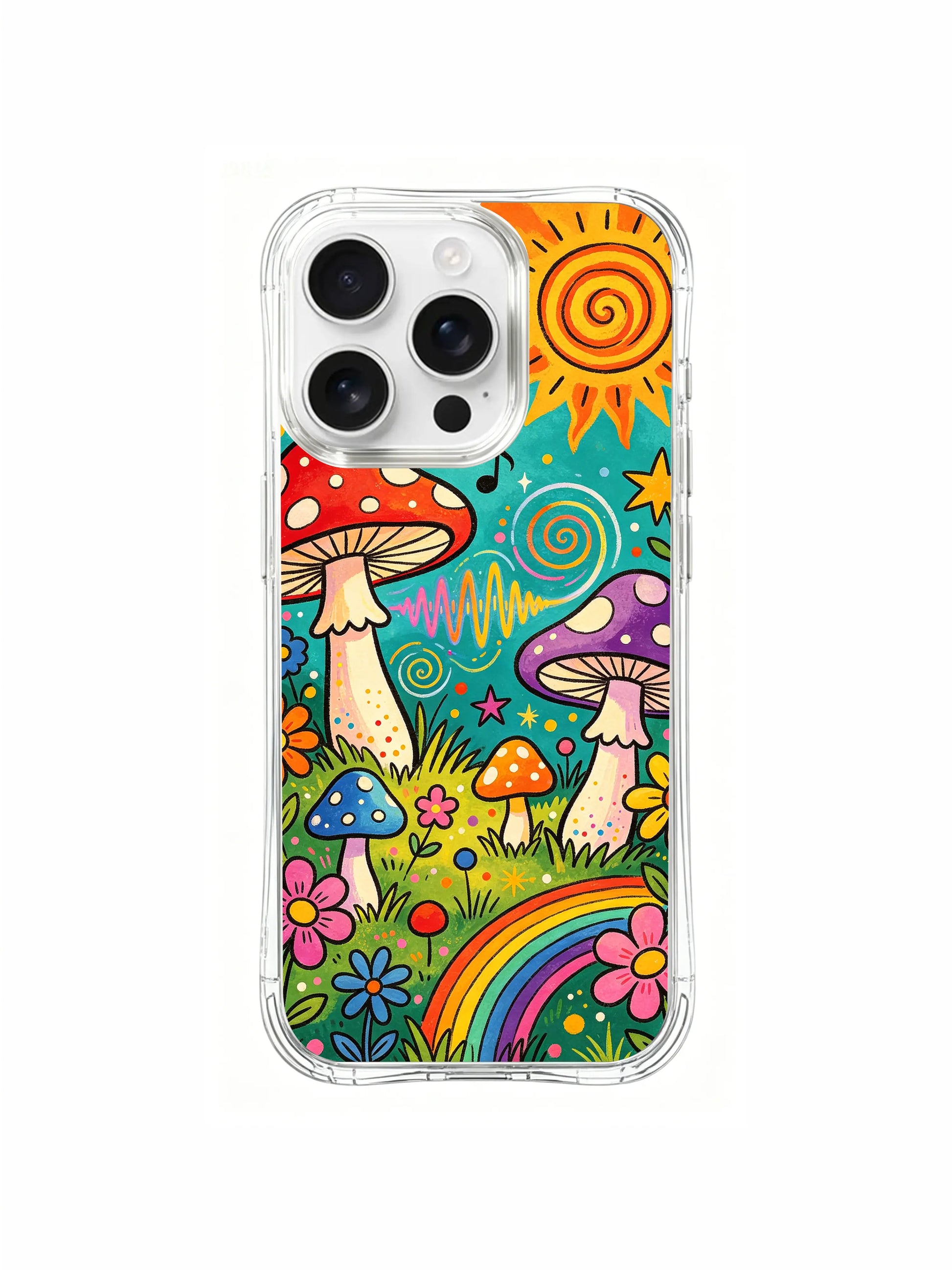 PhoneCasing iPhone 16 pro max Case, vertically structured bespoke casing with full-length rolling multicolored meadow ground fully populated by melody-making spotted fungi, assorted blossom clusters fill empty gaps, lightweight anti-fade wearable casing.
