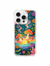 PhoneCasing iPhone 16 pro max Case, vertically structured bespoke casing with full-length rolling iridescent hot spring fully occupied by half-submerged glowing spotted fungi, assorted blossom clusters fill empty bank gaps, lightweight anti-fade wearable casing.
