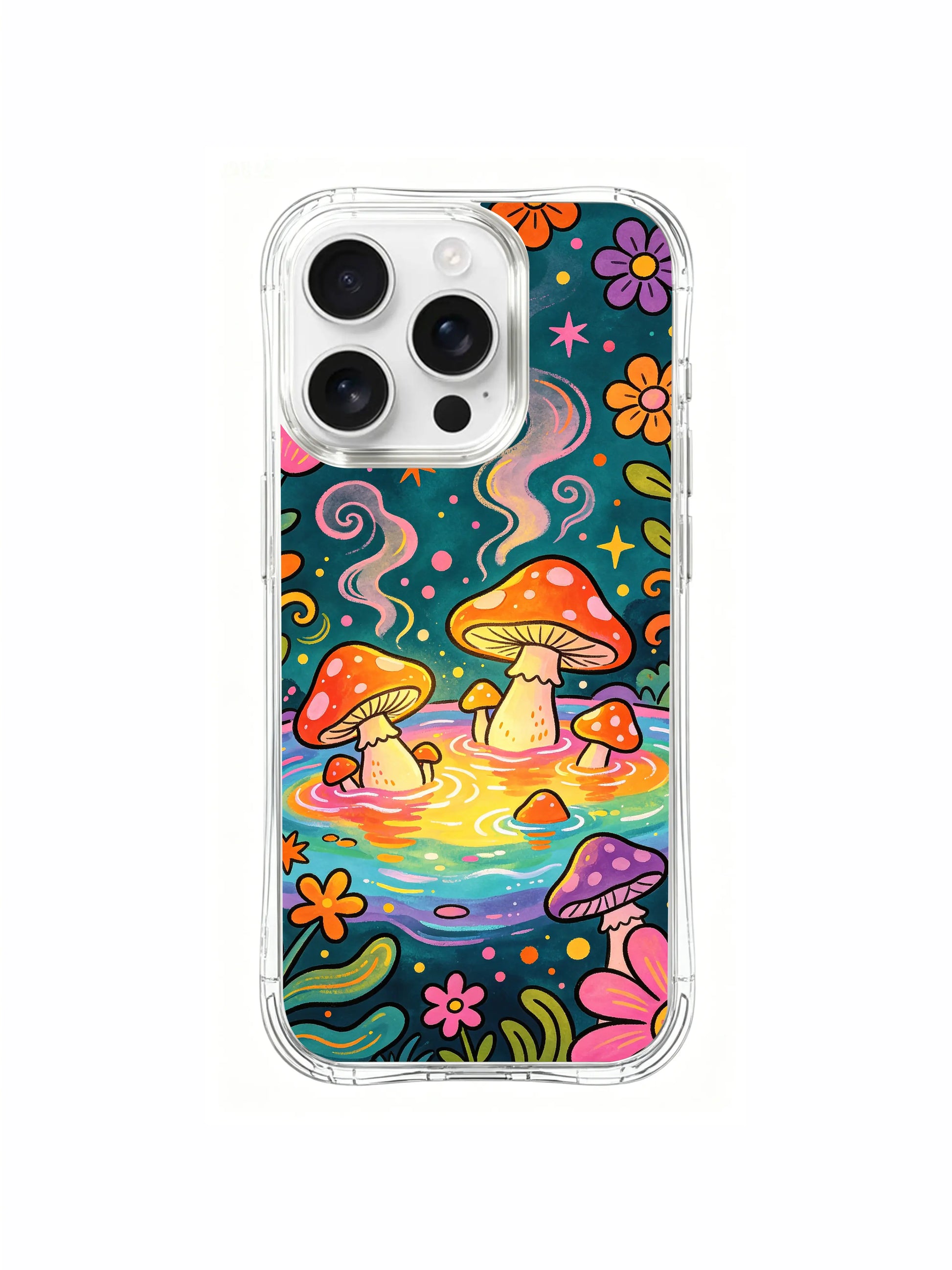 PhoneCasing iPhone 16 pro max Case, vertically structured bespoke casing with full-length rolling iridescent hot spring fully occupied by half-submerged glowing spotted fungi, assorted blossom clusters fill empty bank gaps, lightweight anti-fade wearable casing.
