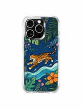 Full forward-leap jaguar darting inside dense seaside floral wilderness iPhone 13 pro Case by PhoneCasing, mixed tropical hibiscus embellished art phone cover, boutique limited-edition wearable casing